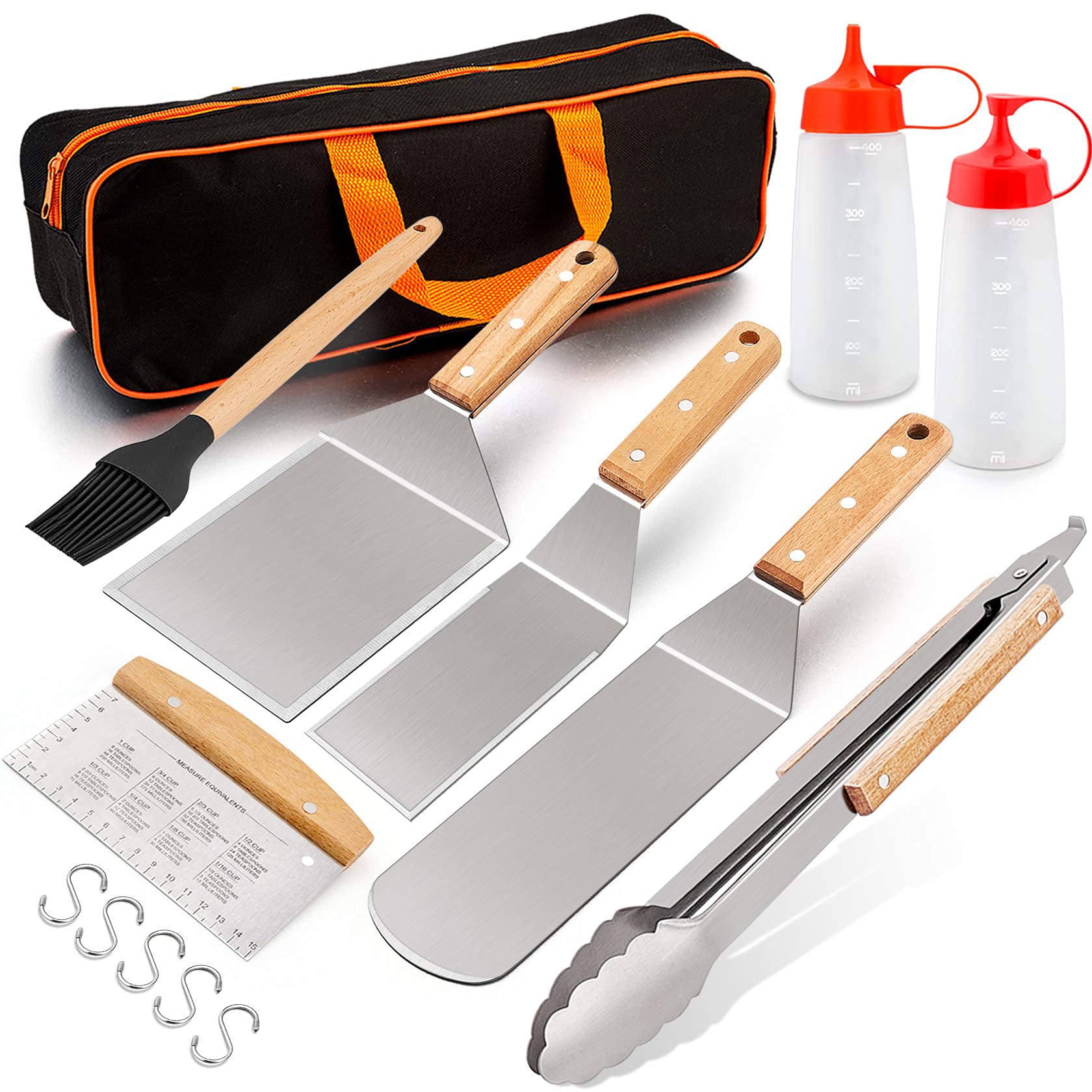 14-Piece Stainless Steel Griddle Accessories Kit - BBQ Grill Tools Set with Extra Large Spatula, Scraper & Wood Handle for Flat Top Grill, Teppanyaki, Outdoor Cooking & Backyard Barbecue