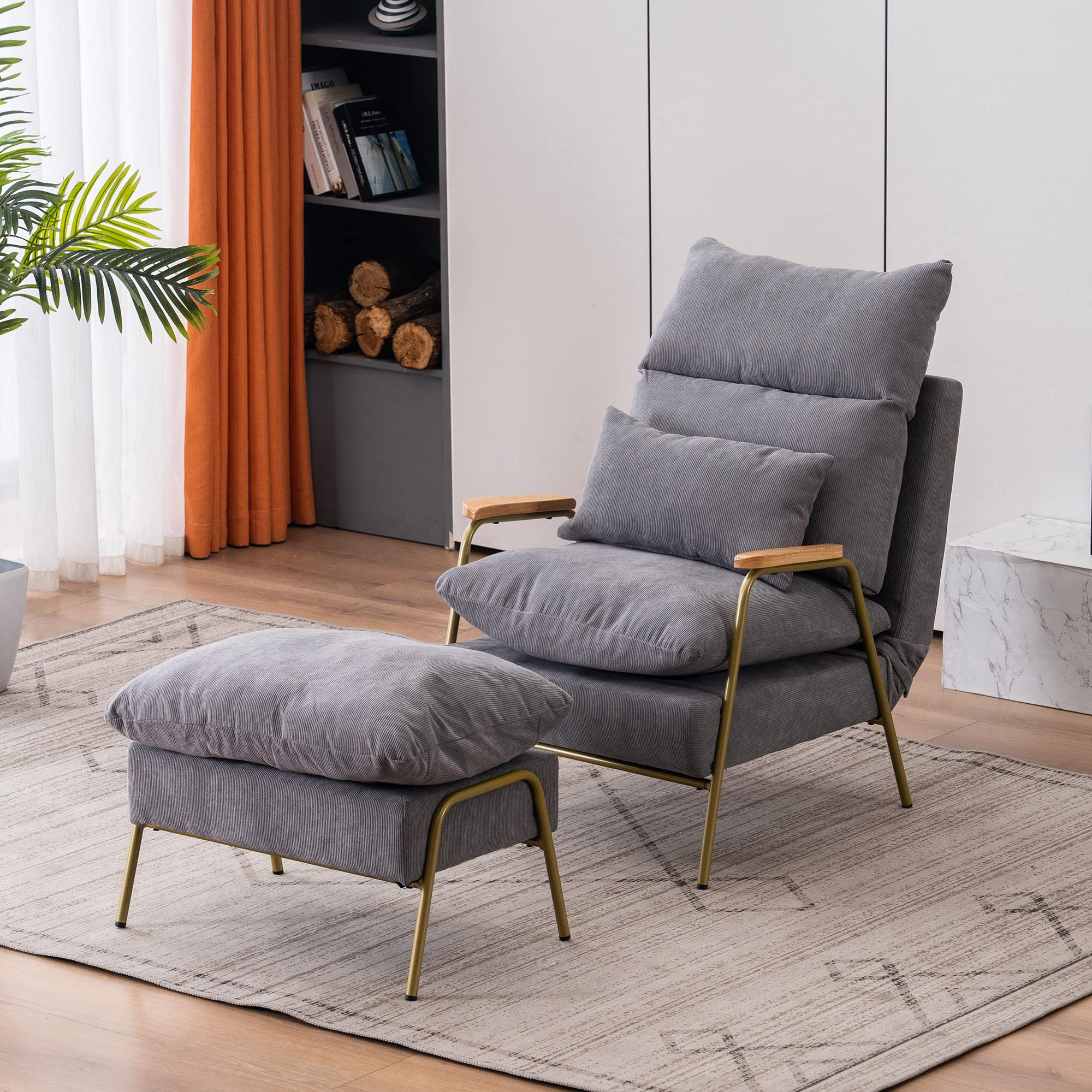 MCombo Modern Fabric Accent Recliner Chair with Ottoman - Upholstered Armchair & Sofa Bed for Living Room, Bedroom - Space Saving Design (Golden Frame, Grey) - Perfect for Small Apartments, Home Theaters & Reading Nooks