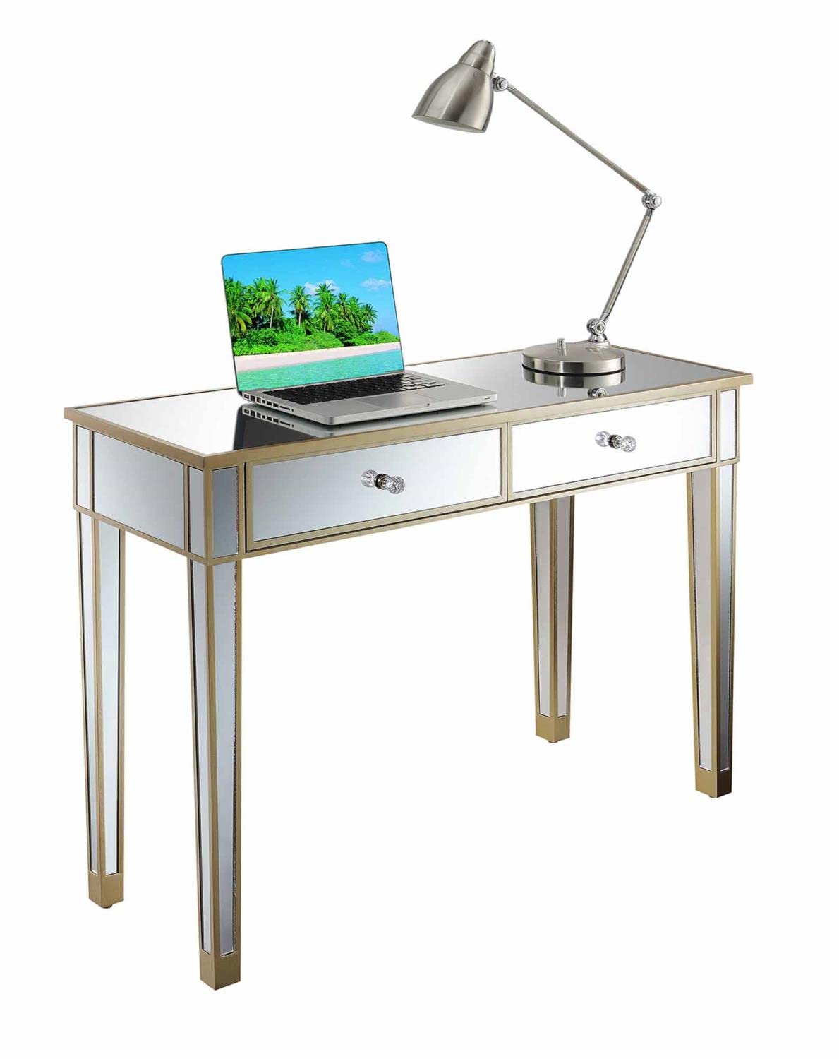 Convenience Concepts Gold Coast Desk - Champagne Finish with Mirror Top | Stylish Home Office & Study Desk for Small Spaces