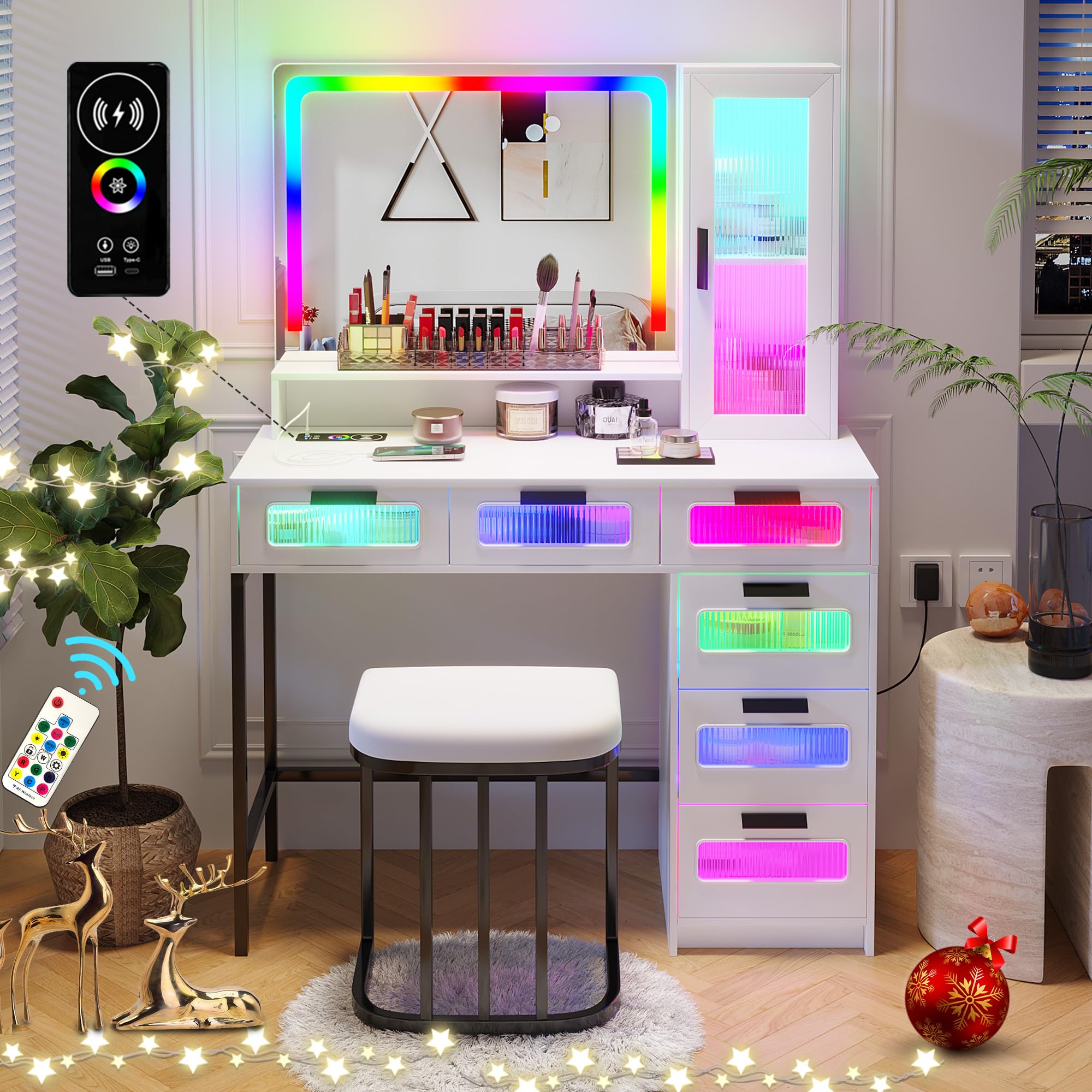HNEBC White LED Vanity Makeup Desk with Mirror, RGB Lights & Wireless Charger - 6 Drawers, Cabinets & Stool Included - Perfect Dressing Table for Bedroom, Cloakroom & Beauty Salon Makeup Stations