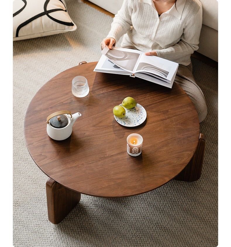 Solid Black Walnut Wood Round Slate Coffee Table - Rustic Modern Living Room Furniture for Home Decor & Tea Time Relaxation