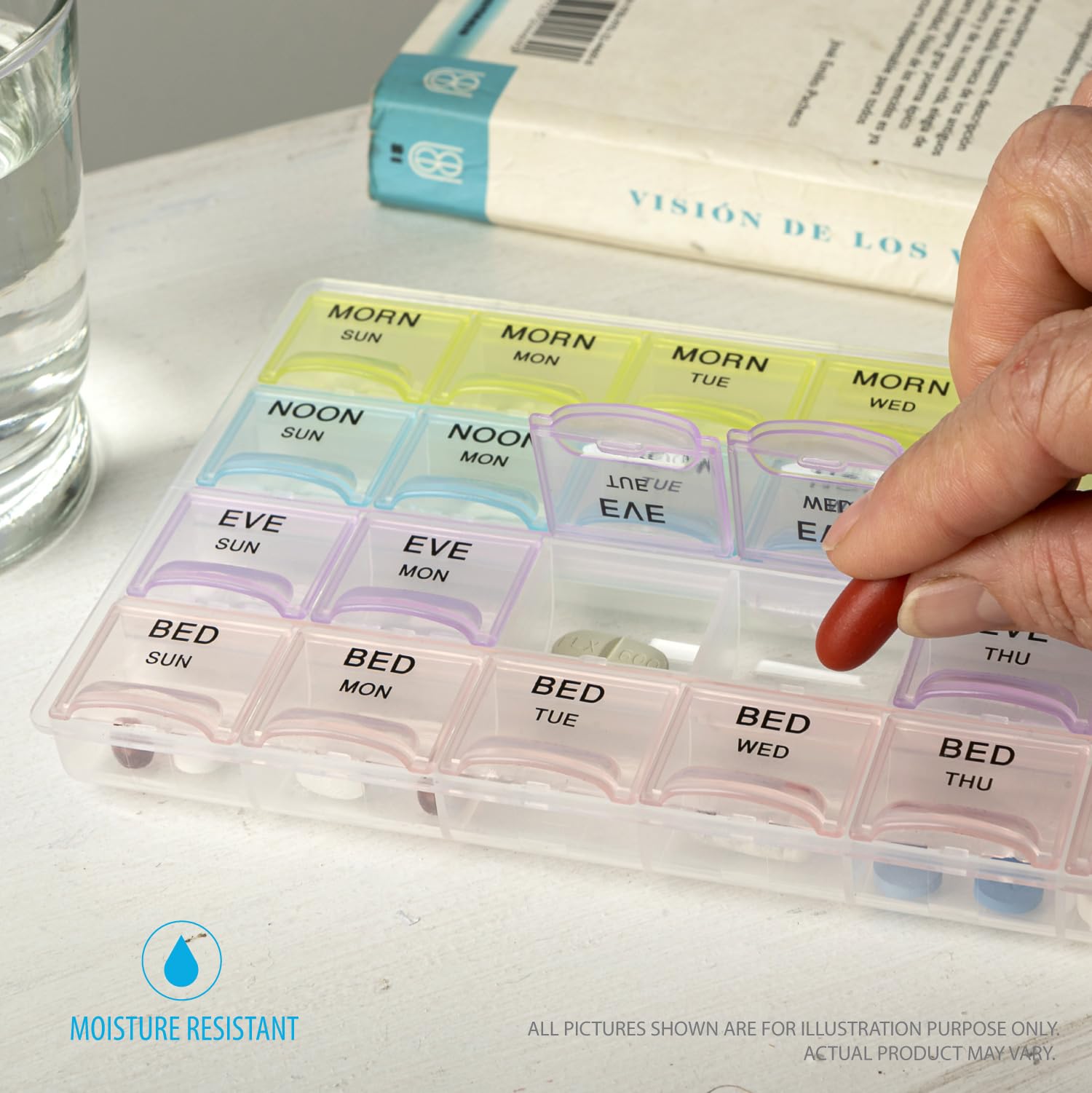 Deke Home - Weekly Pill Organizer 4 Times a Day (2 Pack), 7-Day Travel Medication Box with Morning, Noon, Evening, Bedtime Compartments, Translucent & Easy-Open Design - Perfect for Vitamins, Supplements, and Daily Medication Management at Home or On-The-Go