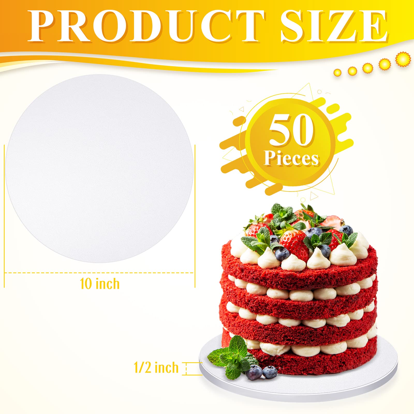 Bokon 50-Pack 10-Inch White Round Cake Drums - 1/2 Inch Thick Corrugated Cardboard Cake Boards with Smooth Edges for Birthday Cakes, Cupcakes & Dessert Displays - Perfect for Baking, Wedding & Party Decorations