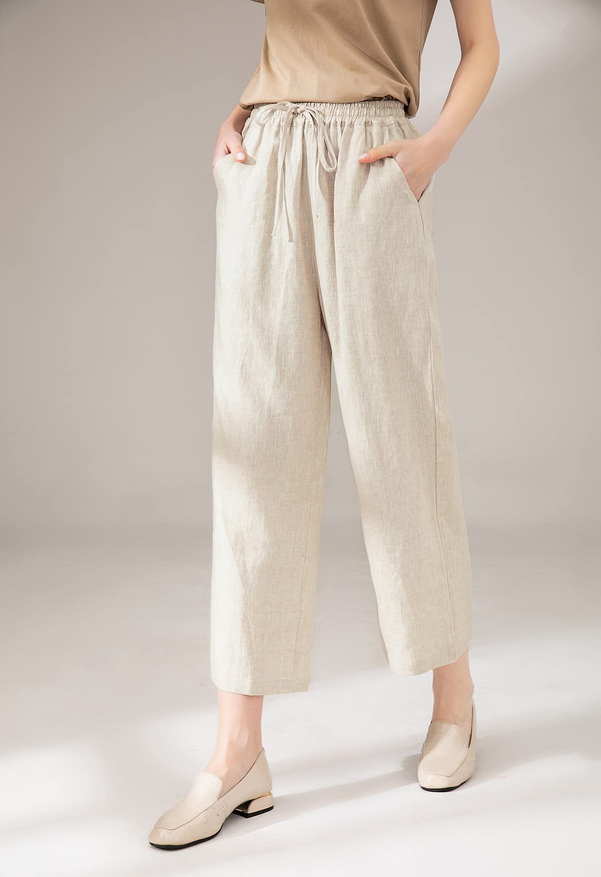 LaovanIn Women's Wide Leg Palazzo Pants - Linen Drawstring Cropped Trousers & Culottes for Summer, Beach, and Casual Wear