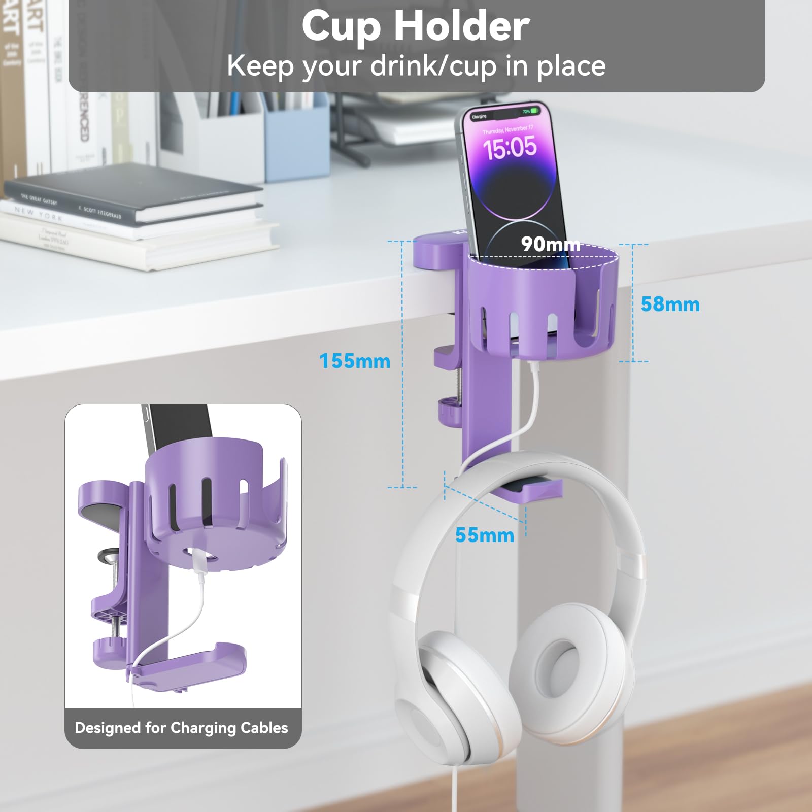 2 in 1 Rotatable Under Desk Headphone Hanger & Cup Holder - Space Saving Desk Clamp Mount for Headset and Coffee/Water Mugs - Perfect for Gaming, Office & Home Workspace (Purple)