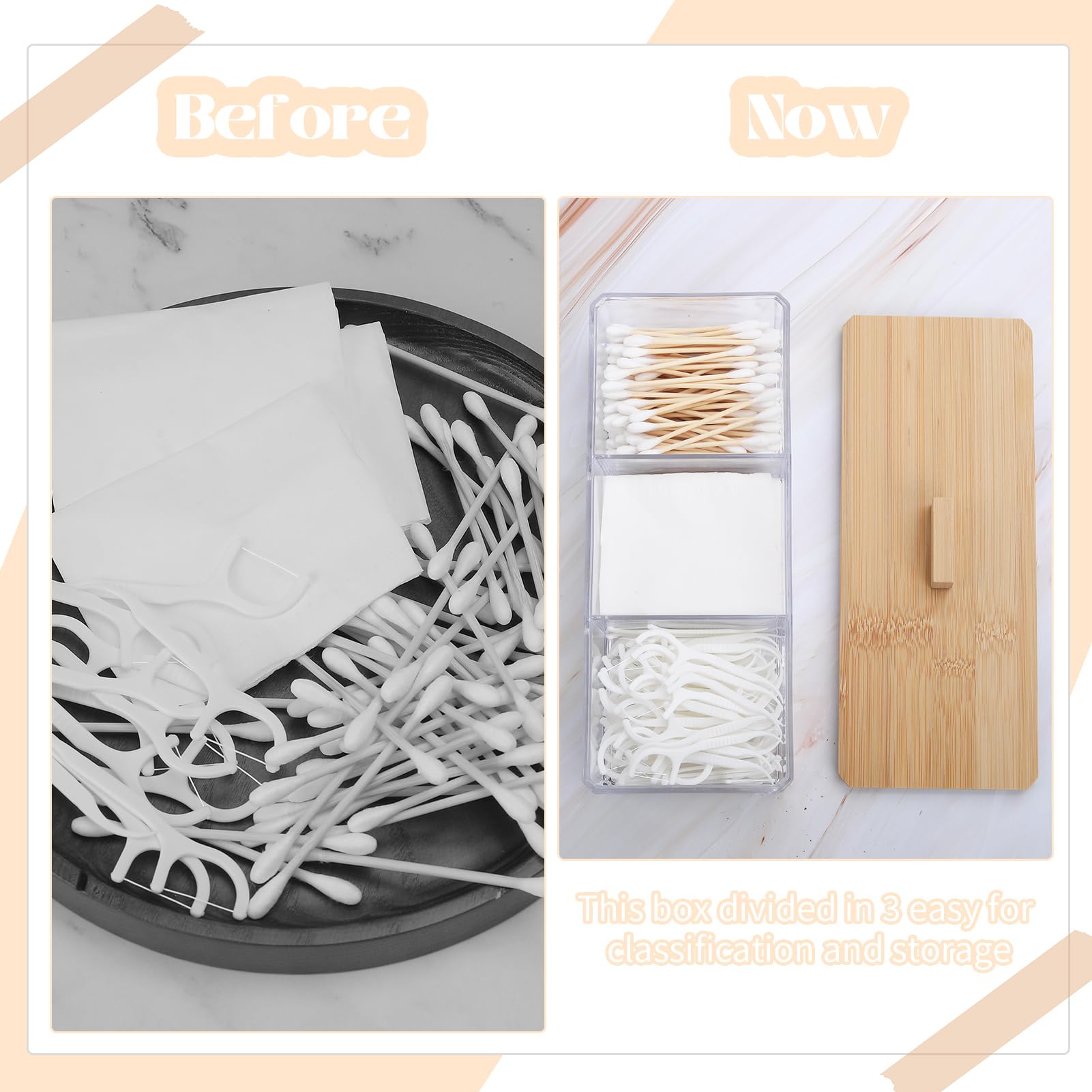 Clear Acrylic Qtip Holder with Lid - 3 Compartments for Cotton Balls & Swabs | Bathroom & Makeup Organizer
