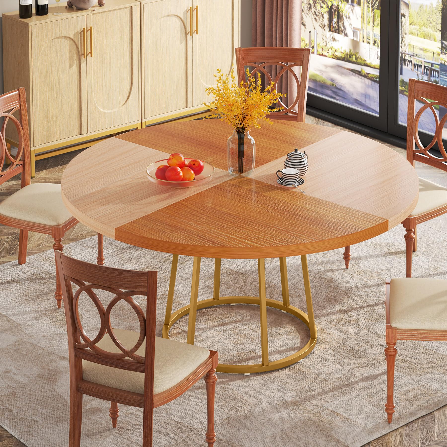 Tribesigns 47 Inch Round Dining Table with Golden Metal Base & Wood Grain Top - Modern Kitchen, Dining Room & Living Room Furniture for Home Decor & Entertaining