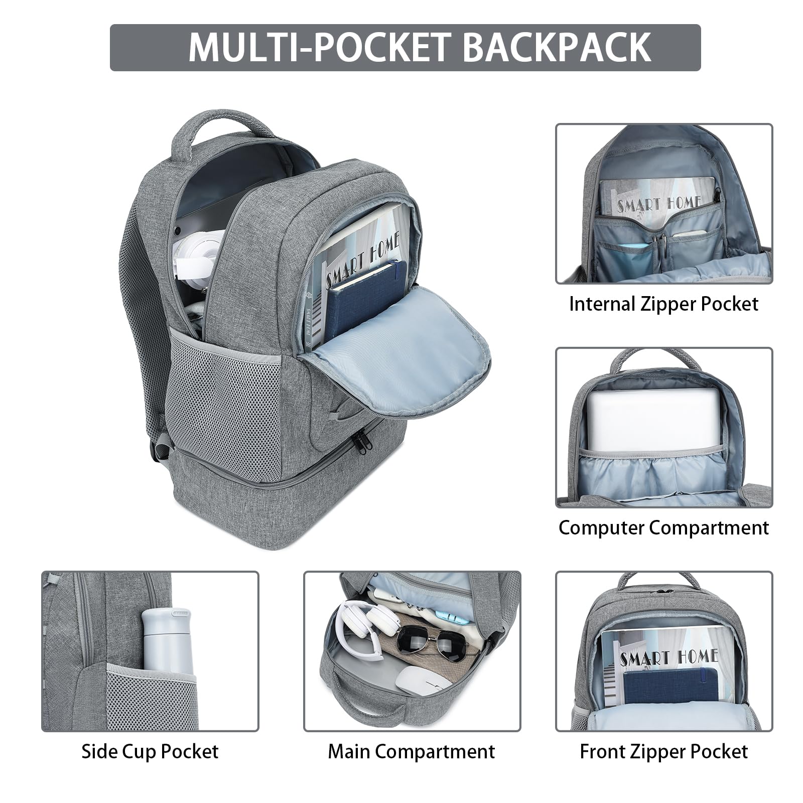seyfocnia Gym & Travel Backpack for Men & Women - Lightweight Water-Resistant Sports Backpack with Shoe Compartment - Perfect for Workout, Travel & Daily Use - Casual Daypack in Grey