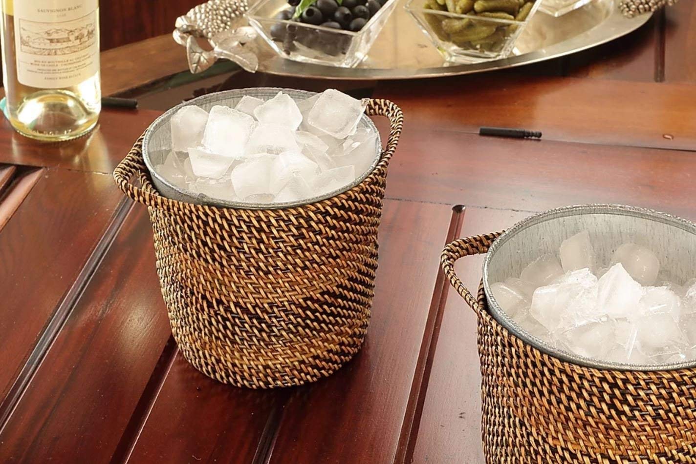 Small Woven Ice Bucket with Removable Galvanized Liner - 5.5 Inch Chilling Wine & Beverage Cooler for Parties, Picnics and Outdoor Entertaining