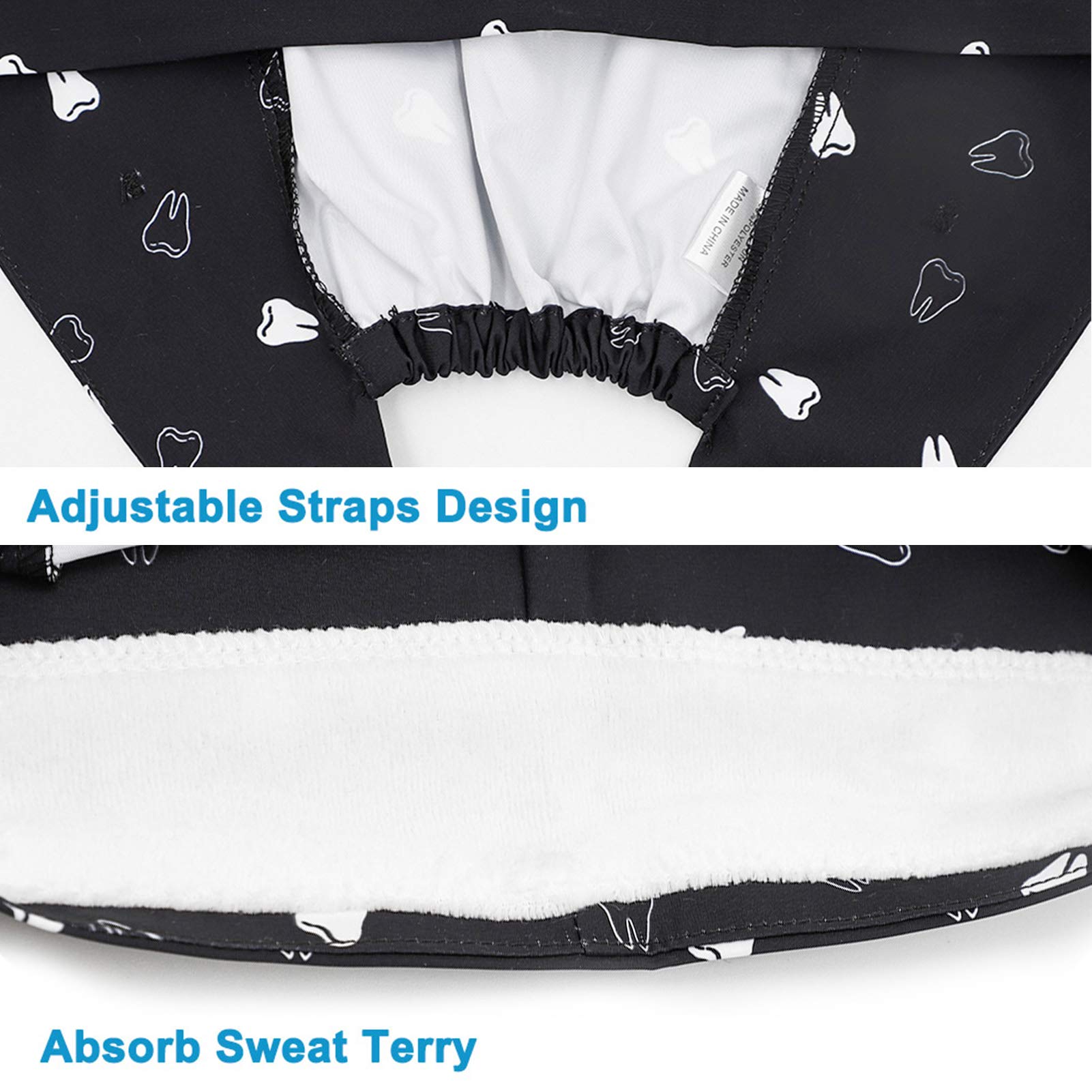3PCS Cute Teeth Print Working Cap with Button - Breathable Lace-Up Sweatband for Women & Men - Hair Cover for Nurses, Chefs, and Medical Professionals - Perfect for Hospitals, Kitchens, and Workplaces