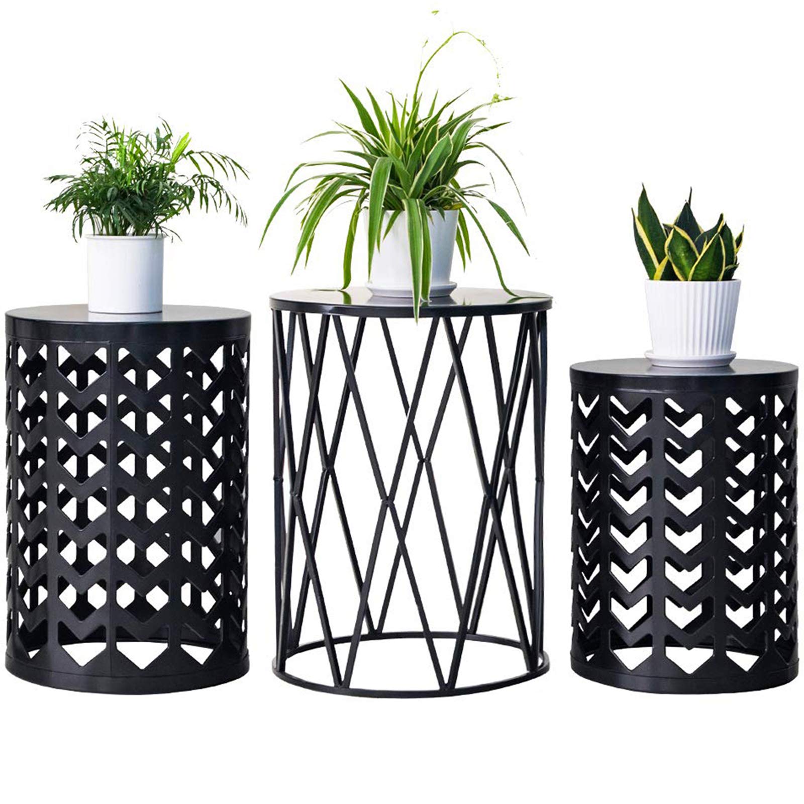 Y&M Nesting Side Table Set of 3 - Stackable Modern Industrial Coffee Tables for Living Room, Bedroom & Outdoor Use - Heavy Duty Metal Frame End Tables & Garden Stools - Pure Black - Perfect for Small Spaces, Patio Decor & Home Office Organization