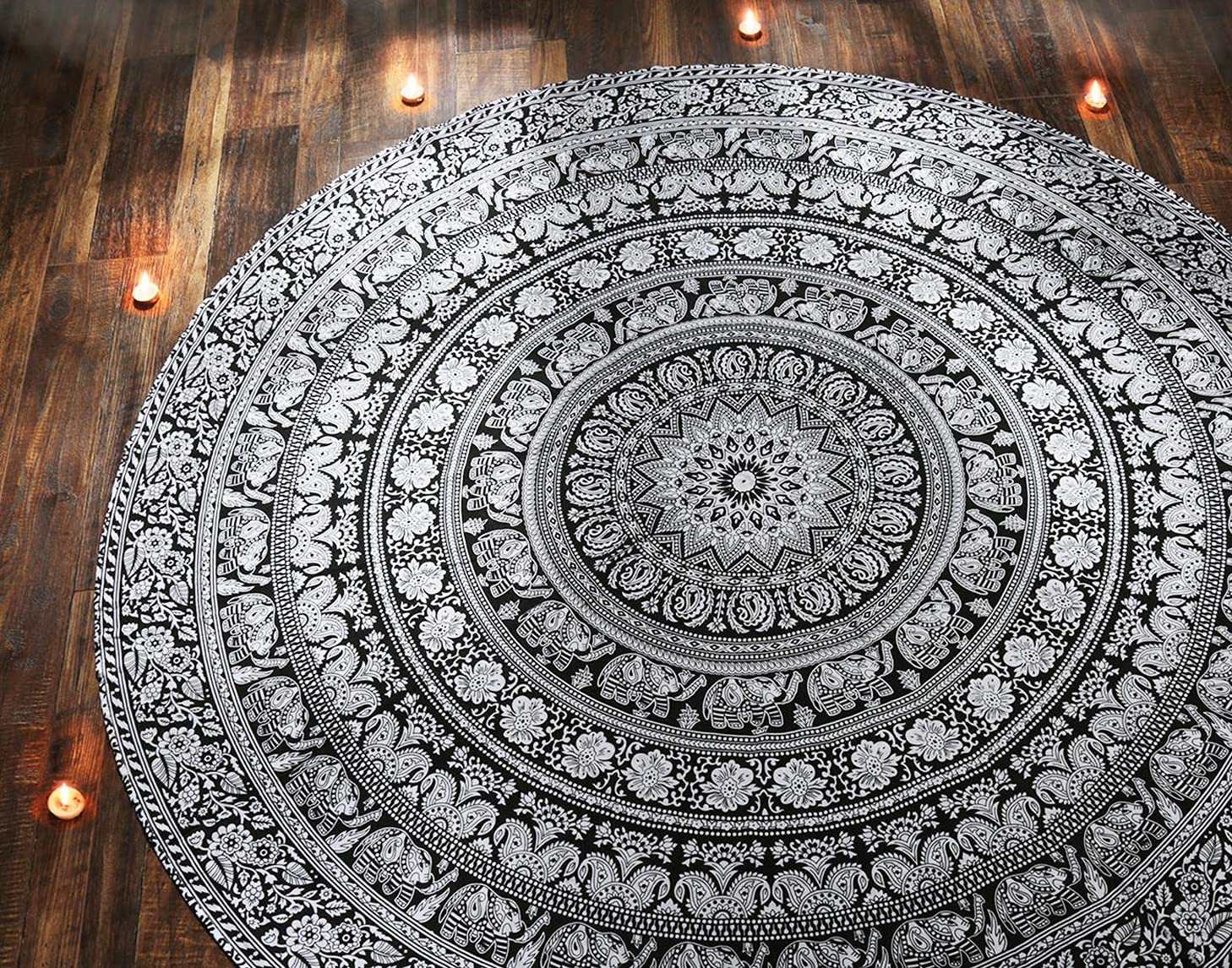 Boho Round Beach Towel - Soft Cotton Yoga Mat & Meditation Throw - Hippie Tapestry for Outdoor Picnic, Table Cloth, Yoga Practice - Black White Elephant Design by Raajsee - Perfect for Beach, Pool, Yoga Studio & Bohemian Home Decor
