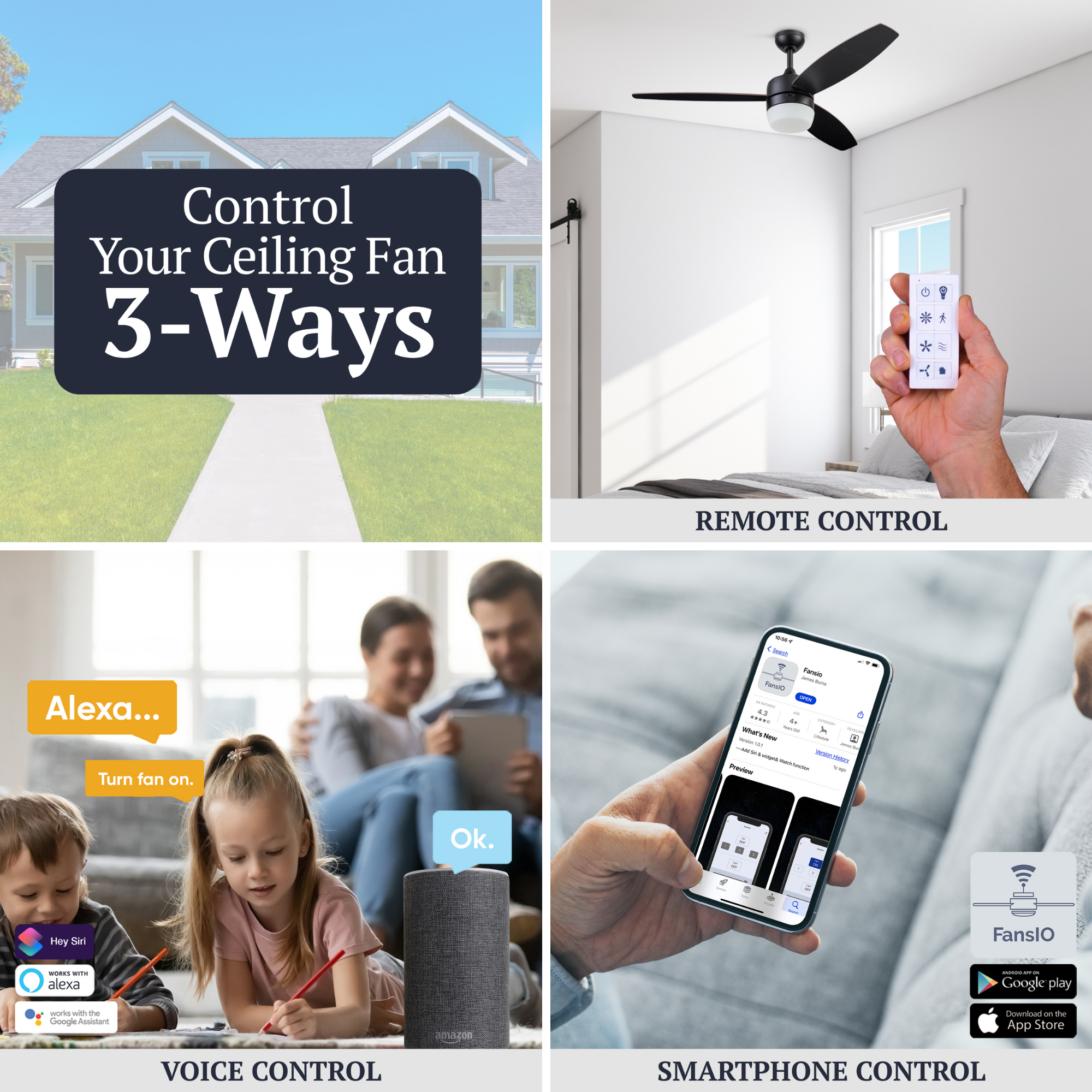 52 Inch Smart Ceiling Fan with Remote Control - Matte Black Finish - Quiet Operation, Energy Efficient - Perfect for Living Room, Bedroom, and Office Spaces
