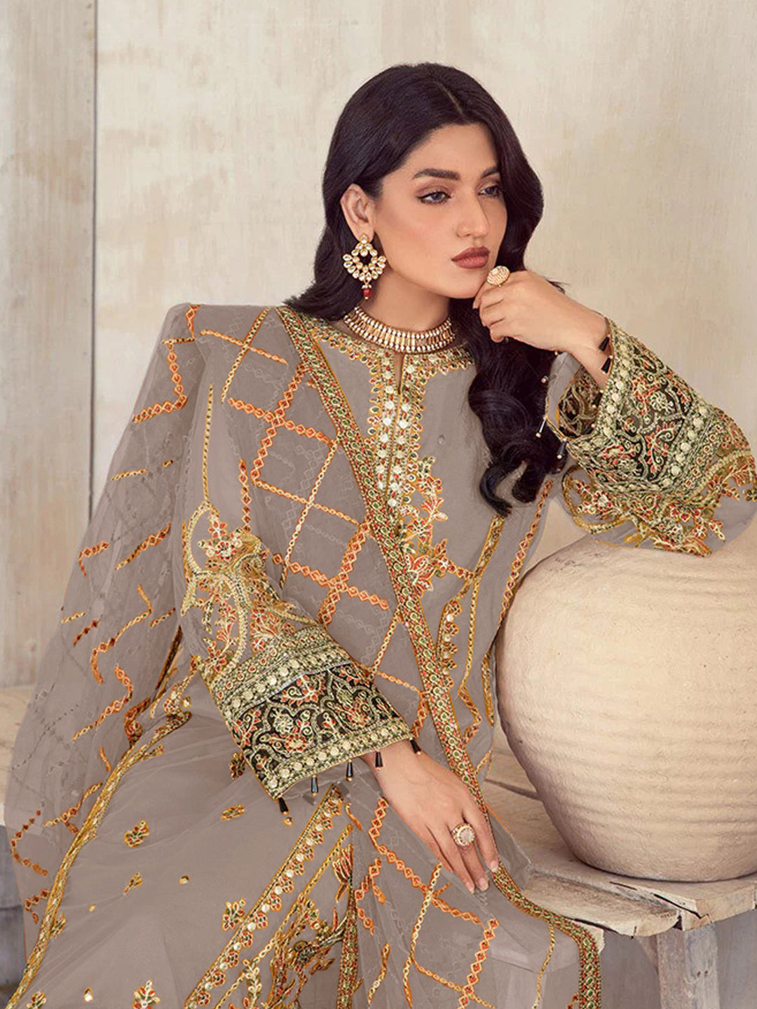 Elegant Beige Traditional Designer Semi-Stitched Pant Suit with Exquisite Embroidery | Perfect for Weddings, Parties & Special Occasions