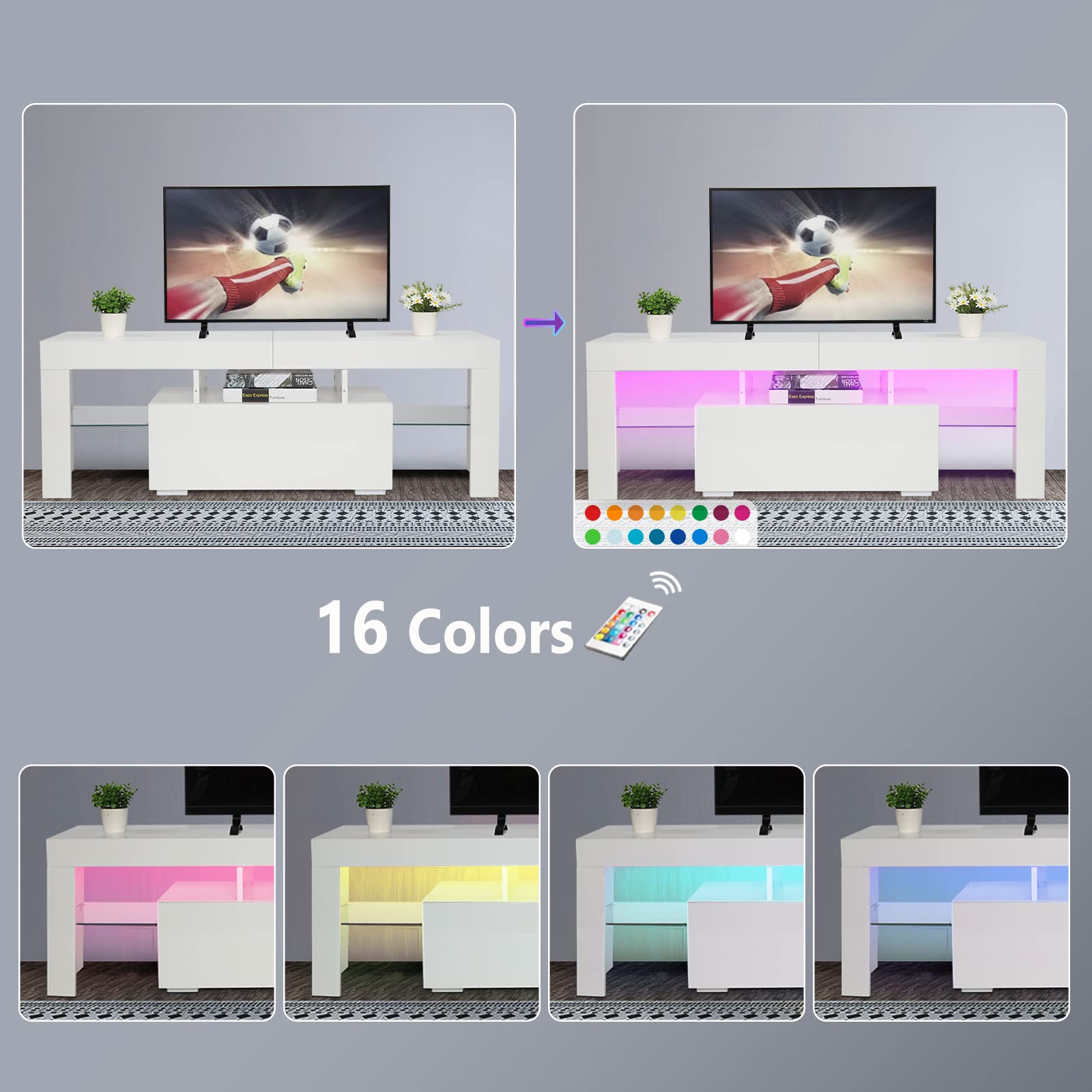 VINGLI 51 Inch Modern TV Stand with LED Lights, White TV Cabinet with Storage, Drawers & Shelves - Perfect for Living Room, Bedroom & Home Theater Setup