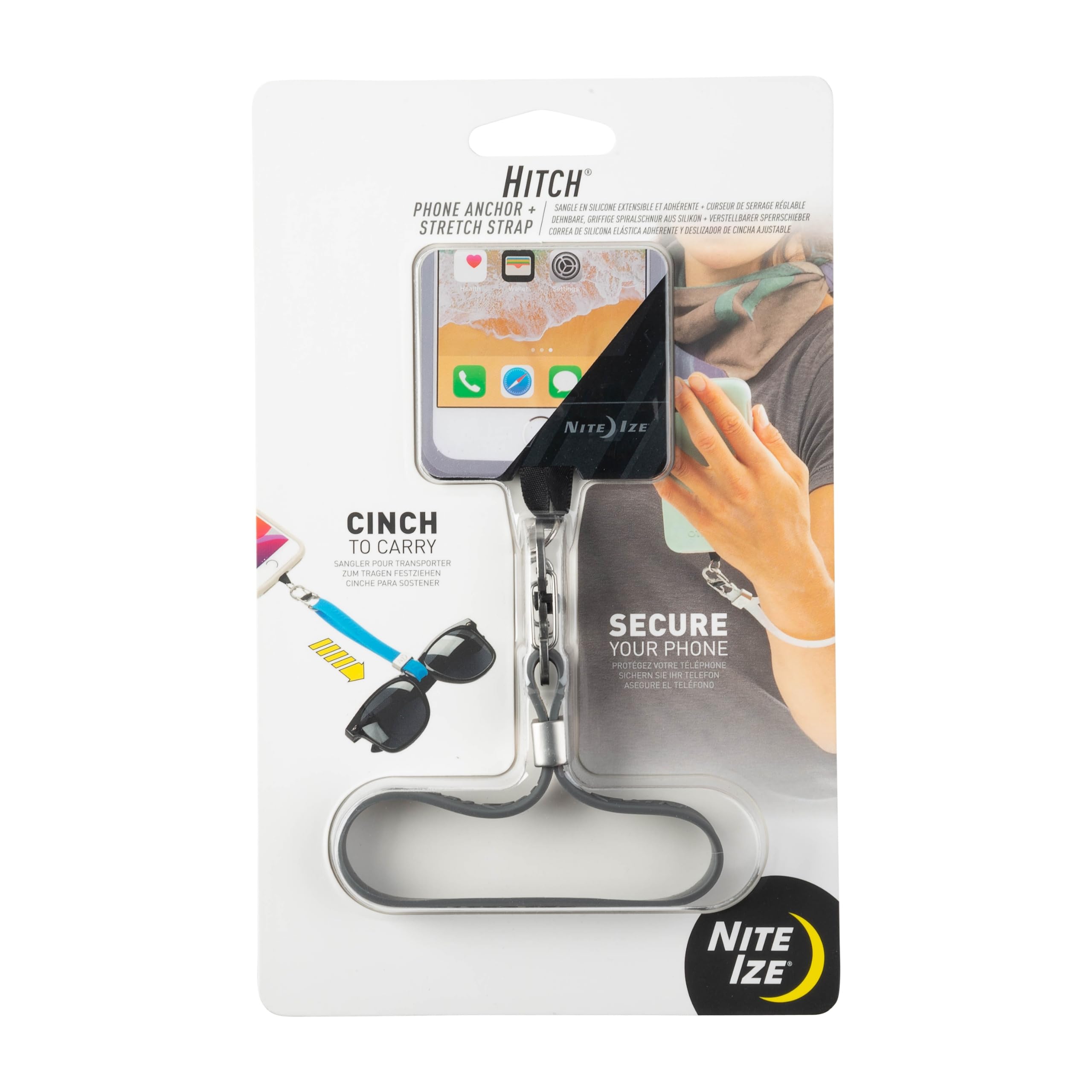 Nite IZE Hitch Phone Anchor & Stretch Strap - Adjustable Phone Lanyard for Drop Protection - Secure Phone Holder for Hiking, Running & Outdoor Activities - Charcoal