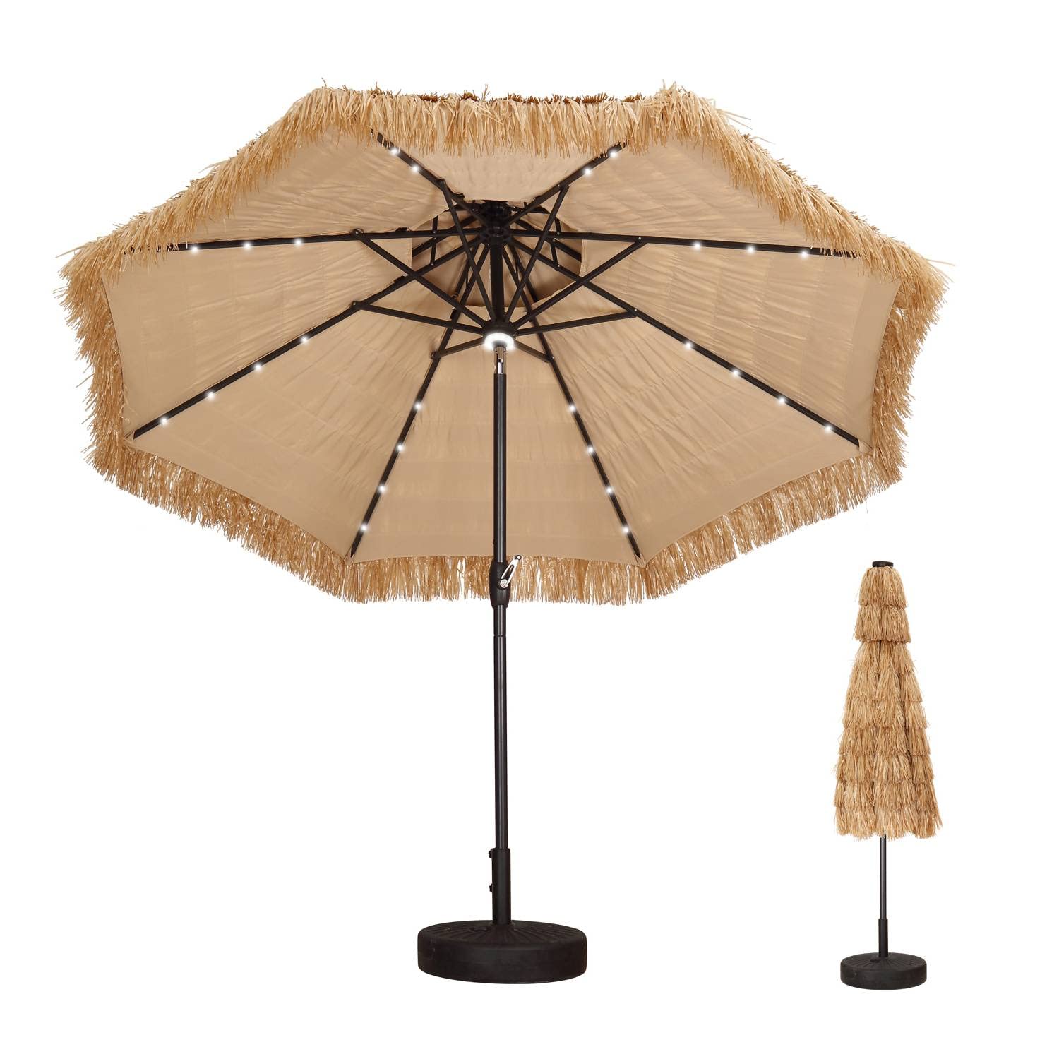 Premium 9ft/10ft 2-Tier Thatch Beach Umbrella with Solar LED Lights & Easy Crank - Perfect for Patio, Poolside, Beach & Outdoor Relaxation | UV Protection & Stylish Straw Design
