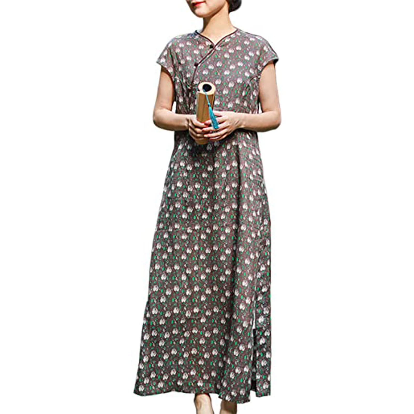 Elegant Chinese Cheongsam Dress for Women - Floral Long Summer Cotton Linen Qipao | Perfect for Weddings, Parties & Cultural Events