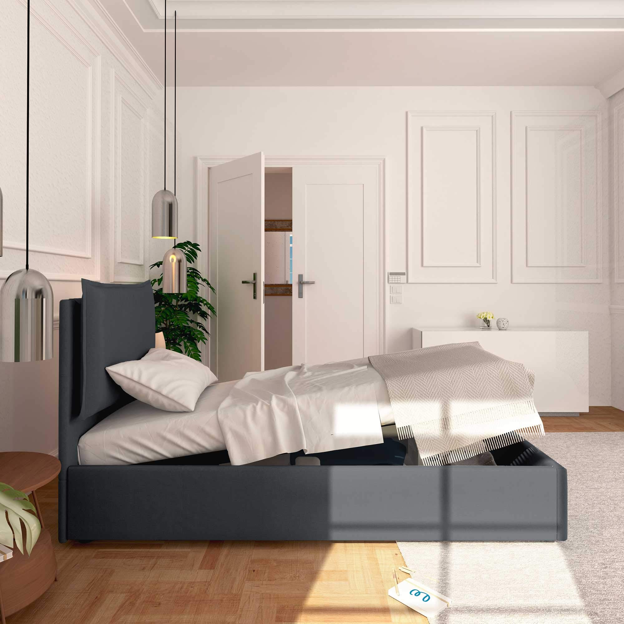 Baldiflex Single Bed with Storage, Licia Model, Synthetic Leather Upholstery, Slatted Base for Single Mattress, 80 x 190 cm, Padded Headboard, Grey - Perfect for Small Bedrooms, Guest Rooms & Studio Apartments
