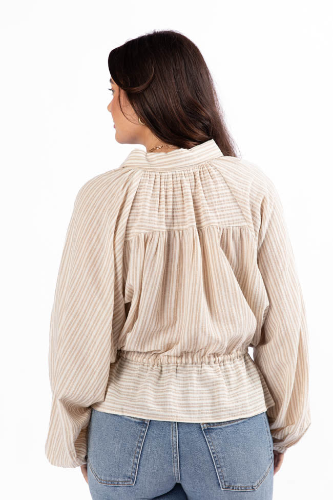 Stylish Taupe Striped Drawstring Button Down Blouse for Women - Comfortable Casual & Office Wear - Perfect for Work, Dates & Everyday Outfits