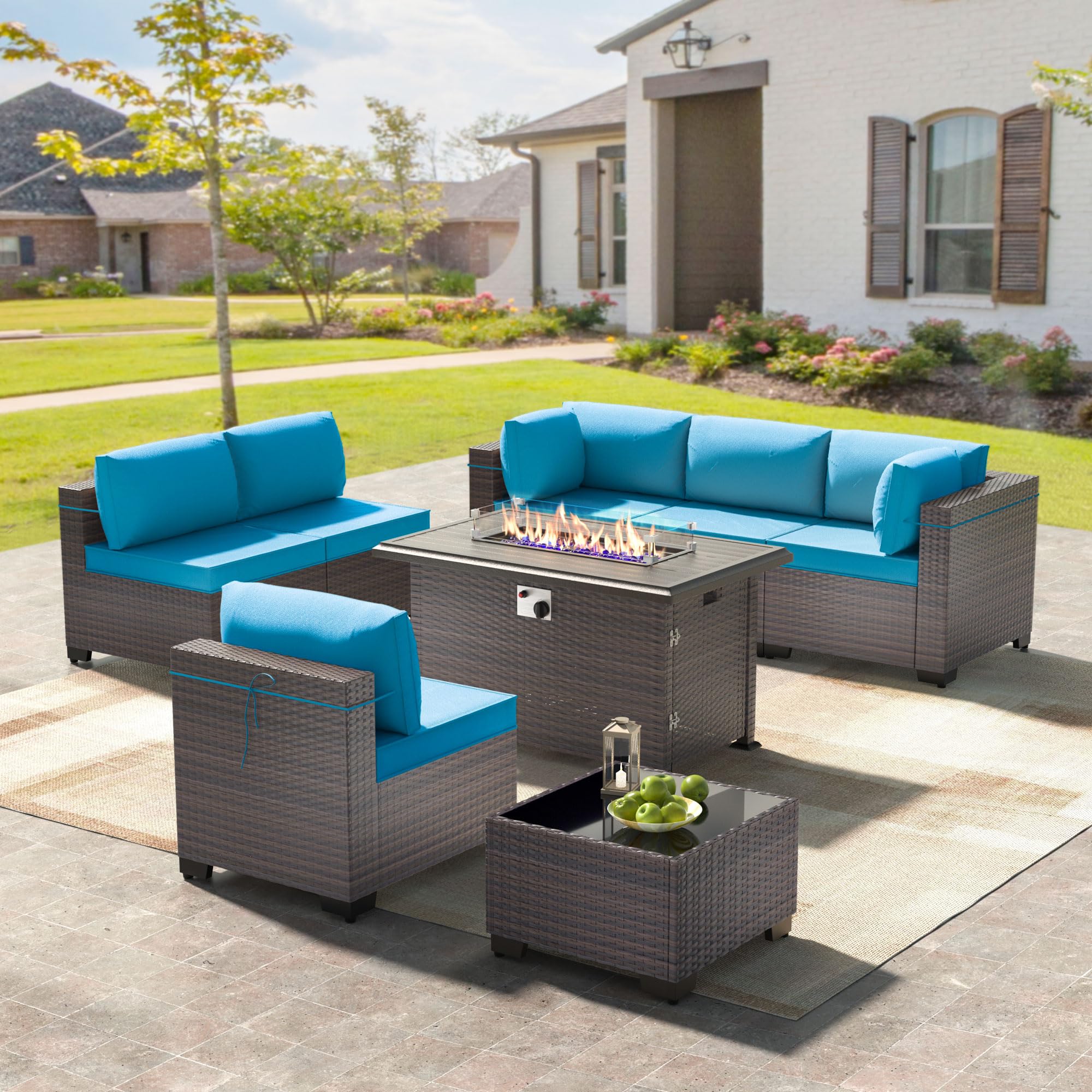 8-Piece Outdoor Patio Furniture Set with 55000 BTU Propane Fire Pit Table - PE Wicker Rattan Sofa Conversation Set, Sectional Patio Furniture with Tempered Glass Top & Gas Fire Pit (Blue) - Perfect for Backyard, Garden, and Poolside Relaxation
