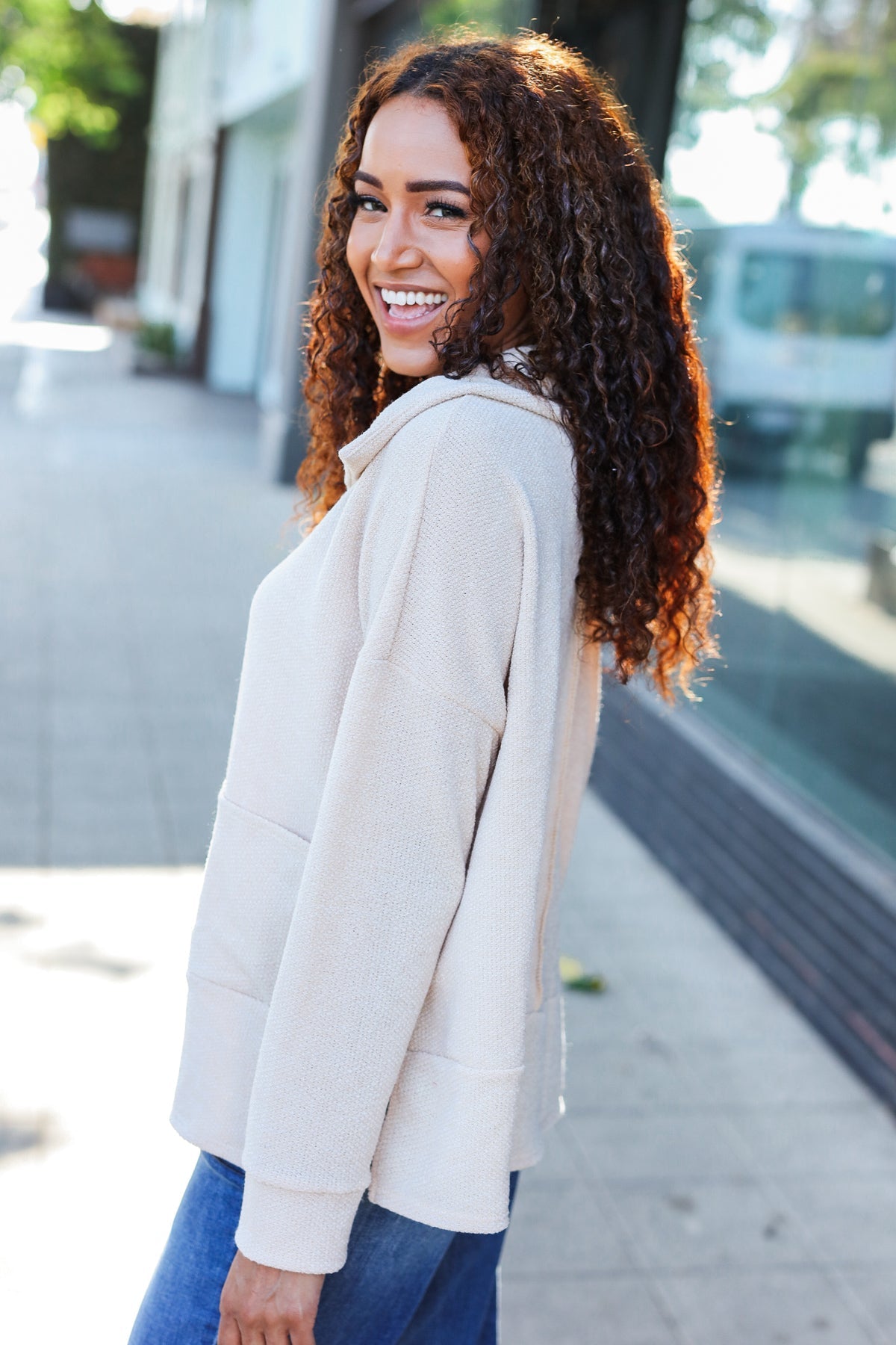 Easy Living Oatmeal Textured Knit Notch Neck Oversized Collar Sweater - Cozy Oversized Women's Knitwear for Fall & Winter | Perfect for Casual Outfits, Coffee Dates and Weekend Relaxation