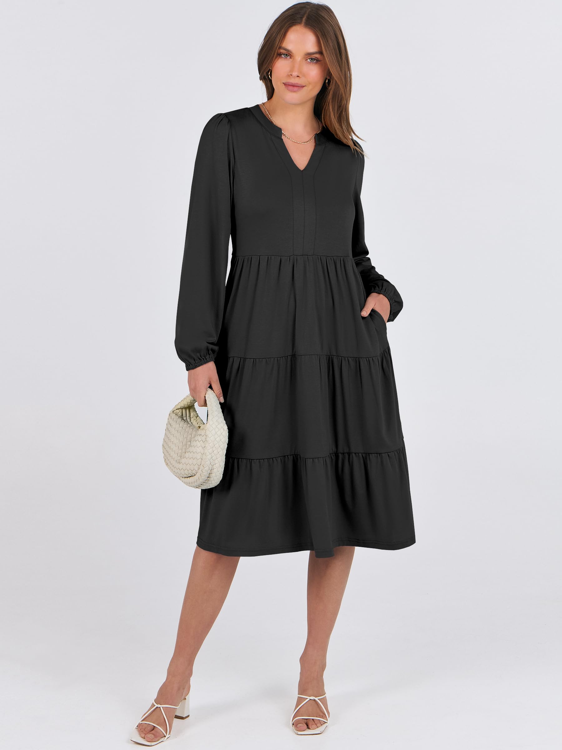 ANRABESS Women's Long Sleeve V-Neck Flowy Swing Dress - Loose Fit Tiered Maxi Dress for Spring 2025 | Casual Vacation Wear, Beach Cover Up, Boho Chic Outfit