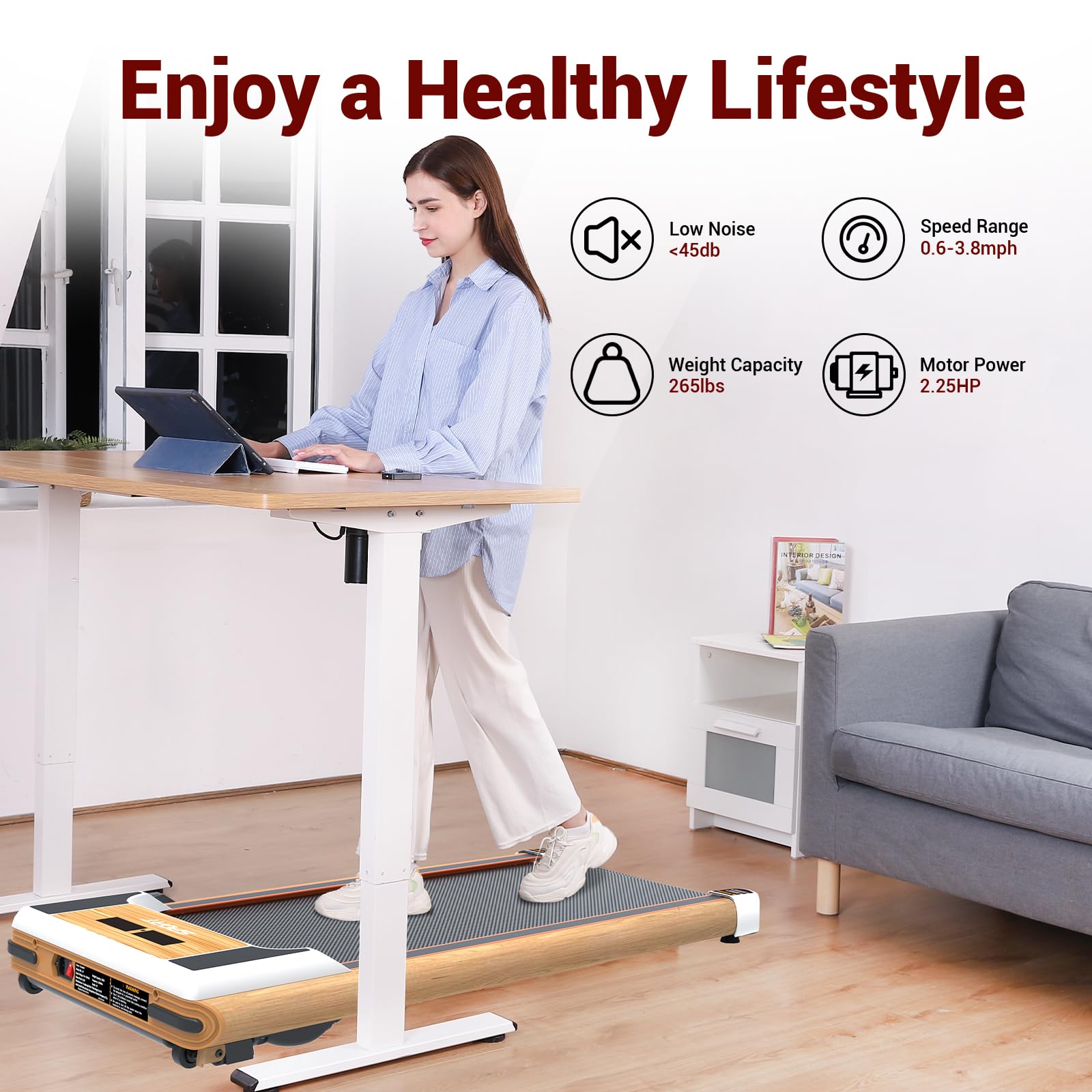 2 in 1 Under Desk Treadmill with Incline - Compact Walking Pad & Jogging Machine for Home Office, Wood Grain Design | Perfect for Workouts While Working or Watching TV