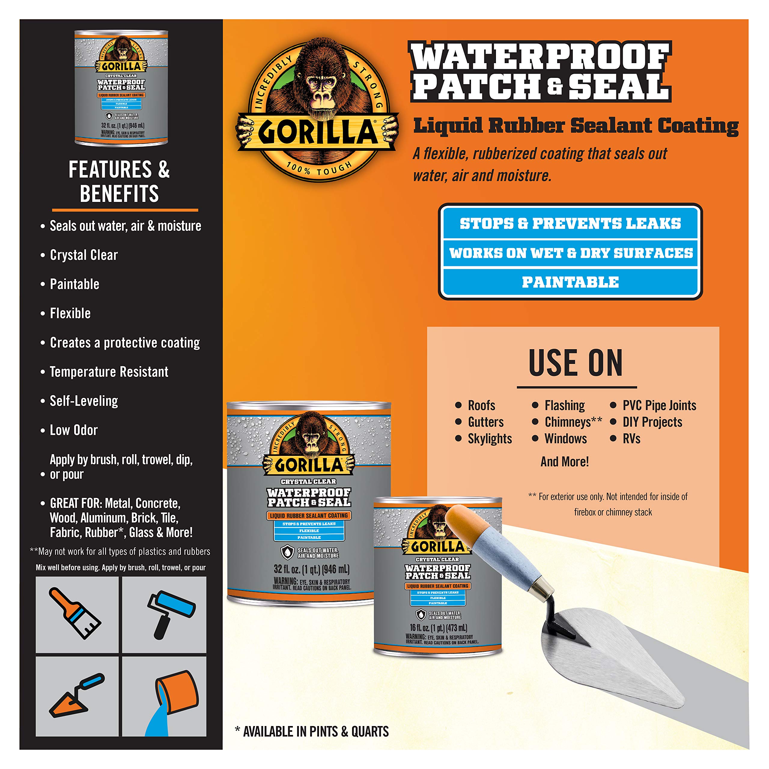 Gorilla Waterproof Patch & Seal Liquid Rubber Sealant - Crystal Clear, 32oz (4-Pack Bulk) - Ideal for Roof Repairs, Plumbing Leaks, Gutters & DIY Home Projects