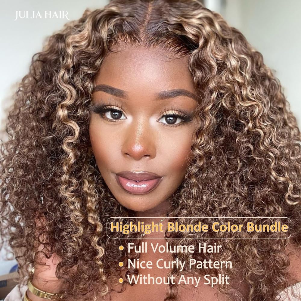 Julia Hair Highlight Honey Blonde 12A Brazilian Curly Human Hair Weave Extensions - 3 Bundles (14/16/18 Inch) for Sew-in, Jerry Curly Style - Perfect for Daily Wear, Parties & Special Occasions