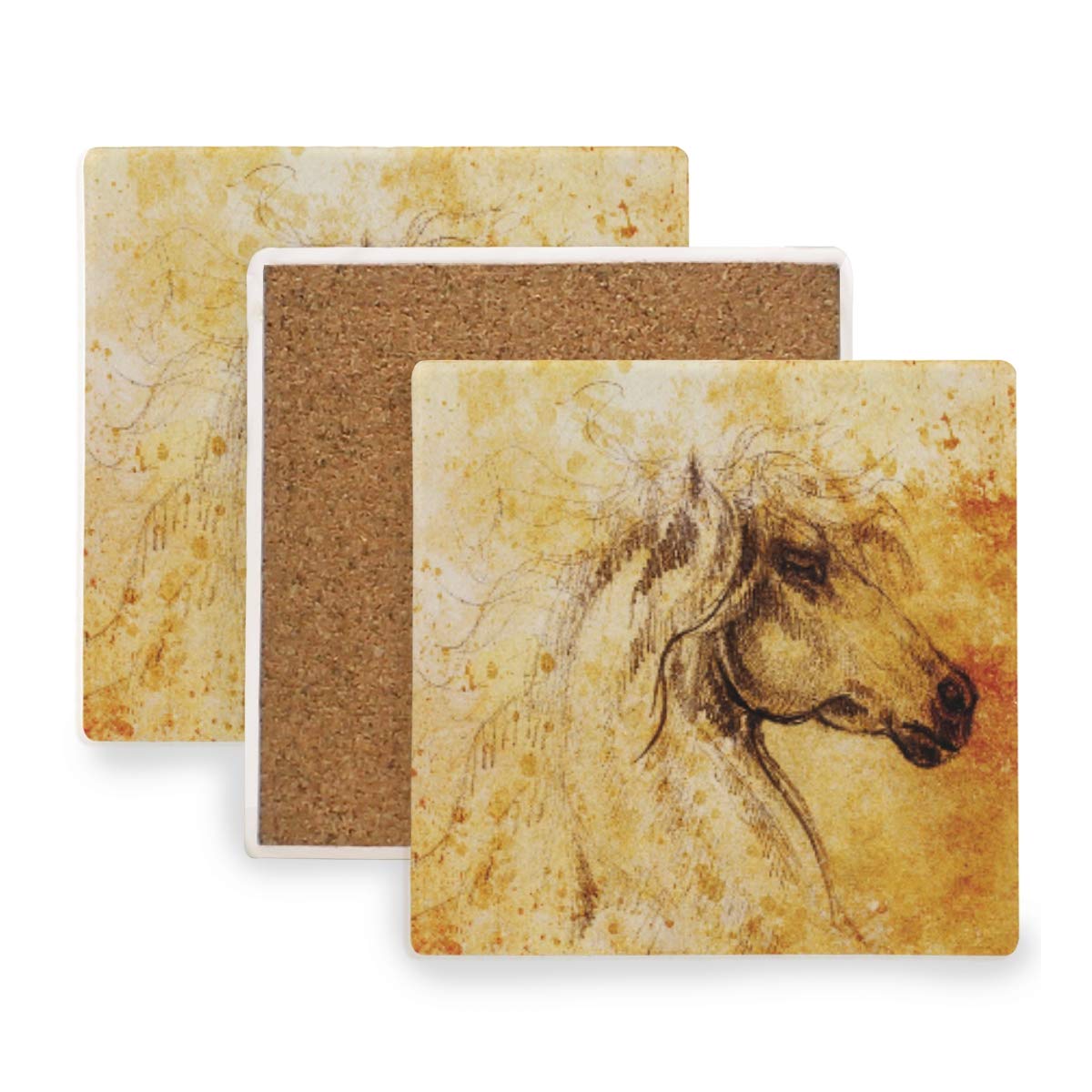 Nander Horse on Old Paper Design - Set of 2 Marble Ceramic Square Drink Coasters & Placemats - Elegant Cup Mats for Home, Kitchen, and Dining Table Decor - Perfect for Coffee, Tea, and Dinner Parties
