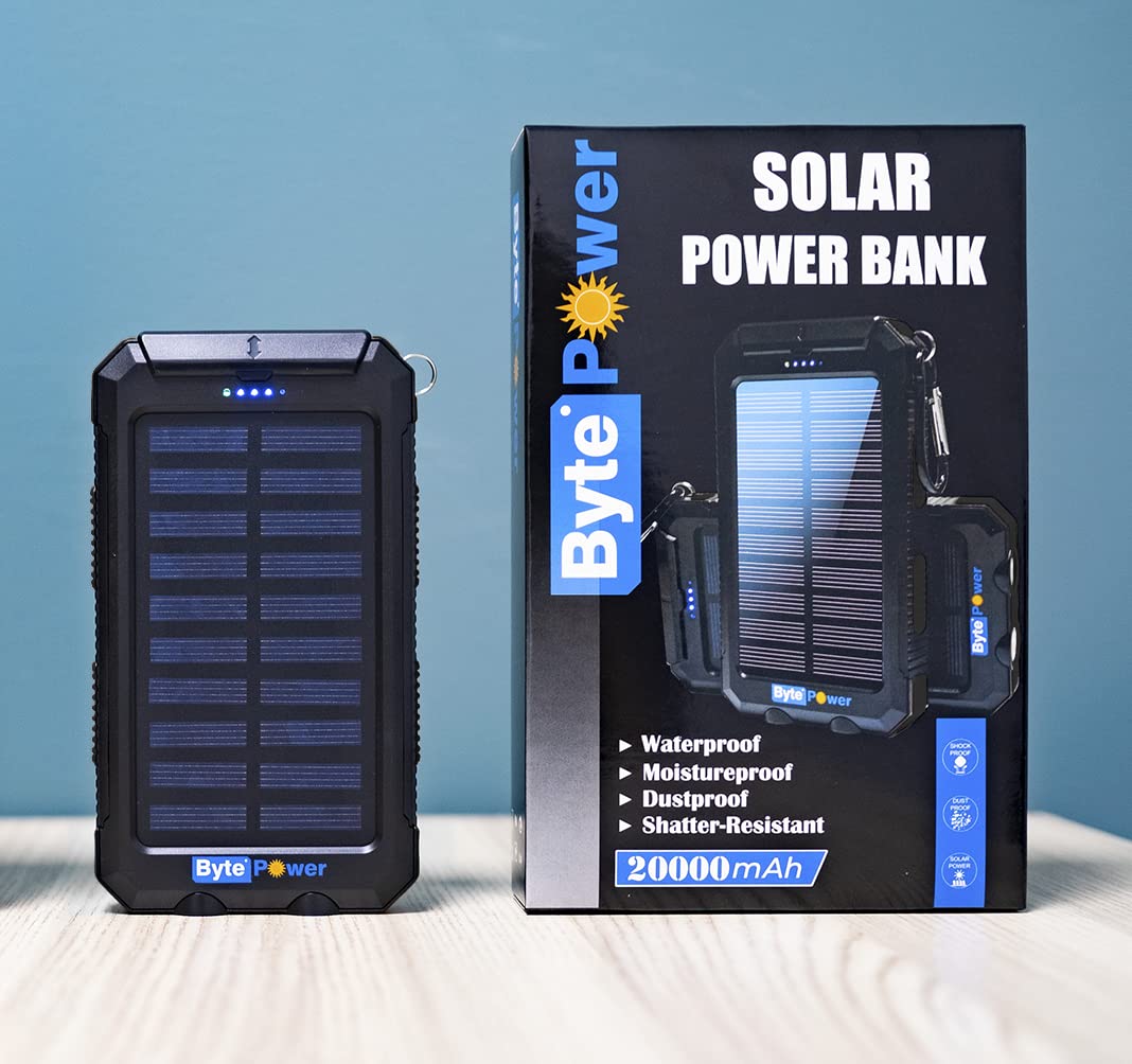20000mAh Solar Power Bank with Built-in Flashlight, Compass & Whistle - Portable Solar Phone Charger for Camping, Hiking & Outdoor Adventures - Waterproof Solar Panel Charger with Carabiner Clip (Black)