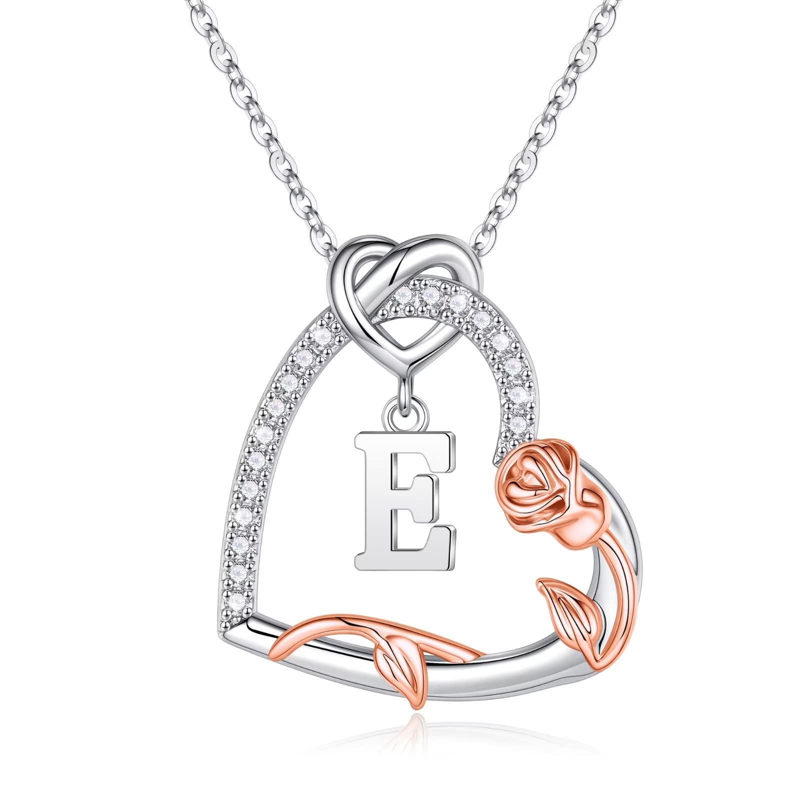 S925 Sterling Silver Rose Heart Necklace with CZ Initial Pendant - Elegant Jewelry Gift for Women & Girls | Valentine's Day, Anniversary, Mother's Day, Christmas & Birthday Present | Perfect for Romantic Dates, Special Occasions & Everyday Wear