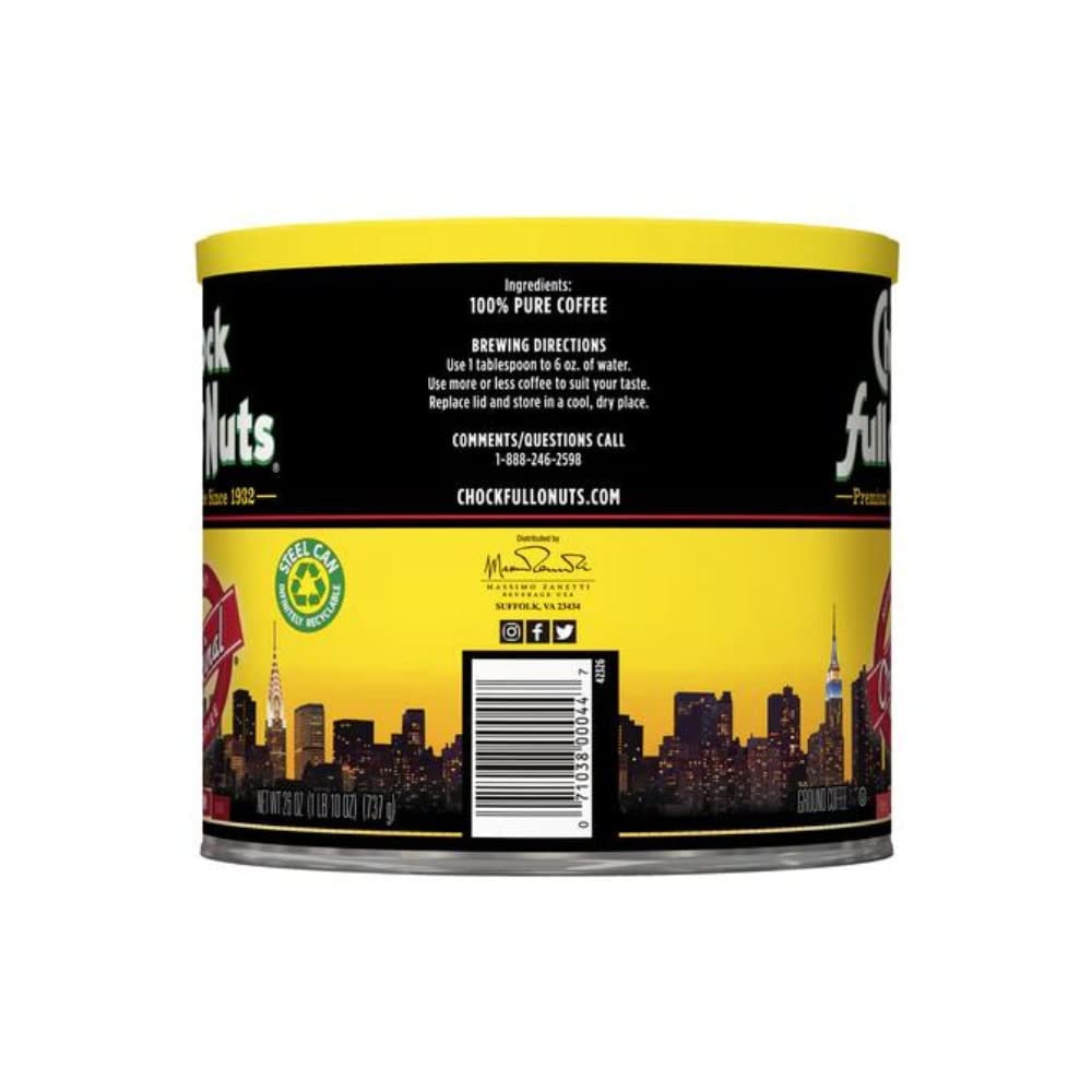 Chock Full O'Nuts Original Roast Ground Coffee - Medium Roast Coffee Beans with Smooth, Full-Bodied Flavor - 26oz Steel Can (Pack of 4) - Perfect for Home Brewing, Office Use & Gift Giving