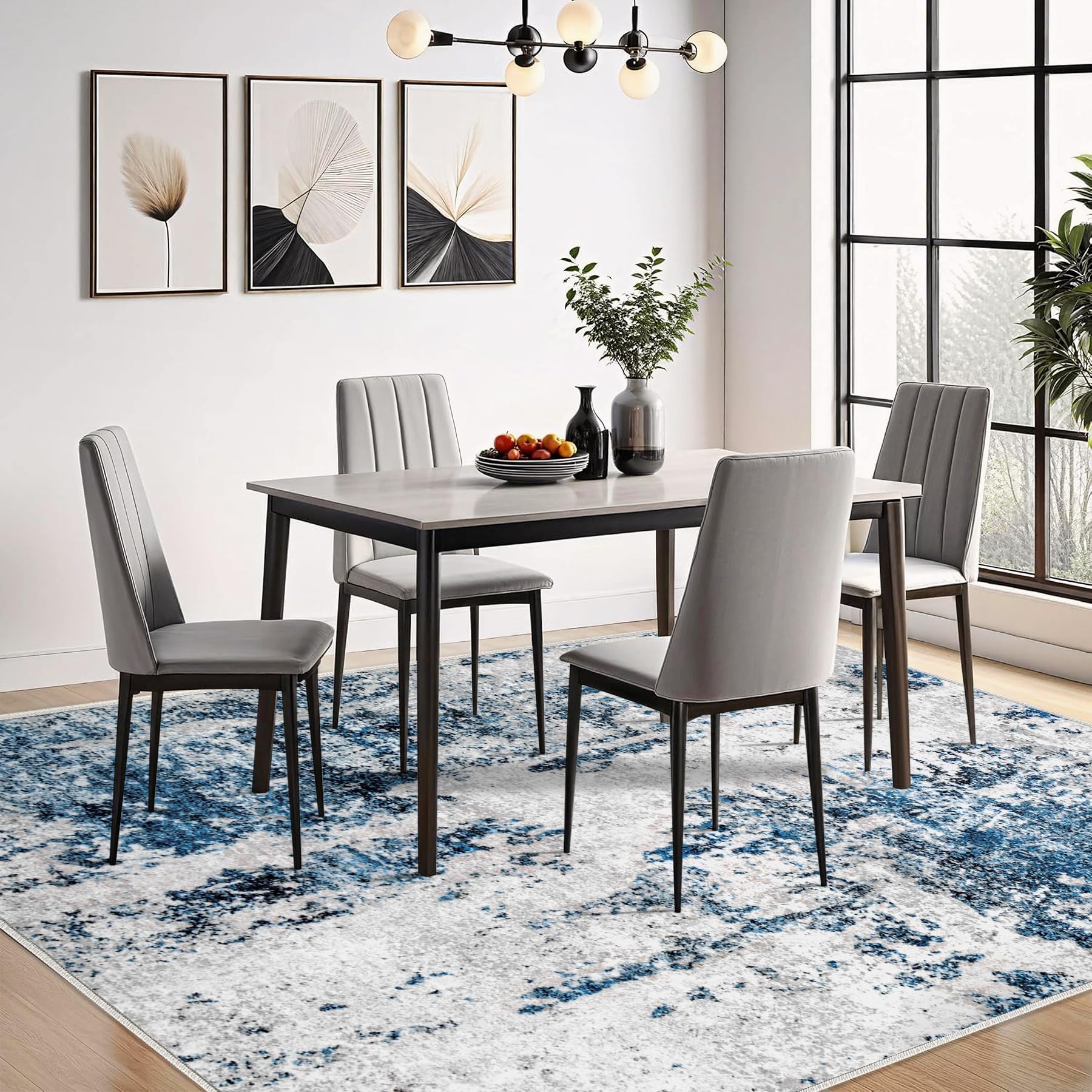 5x7 Washable Non-Slip Area Rug - Soft Low-Pile Abstract Modern Carpet for Living Room, Bedroom, Office & Dining Room | Grey Blue Indoor Floor Mat | Perfect for Home Decor, Cozy Spaces & High-Traffic Areas