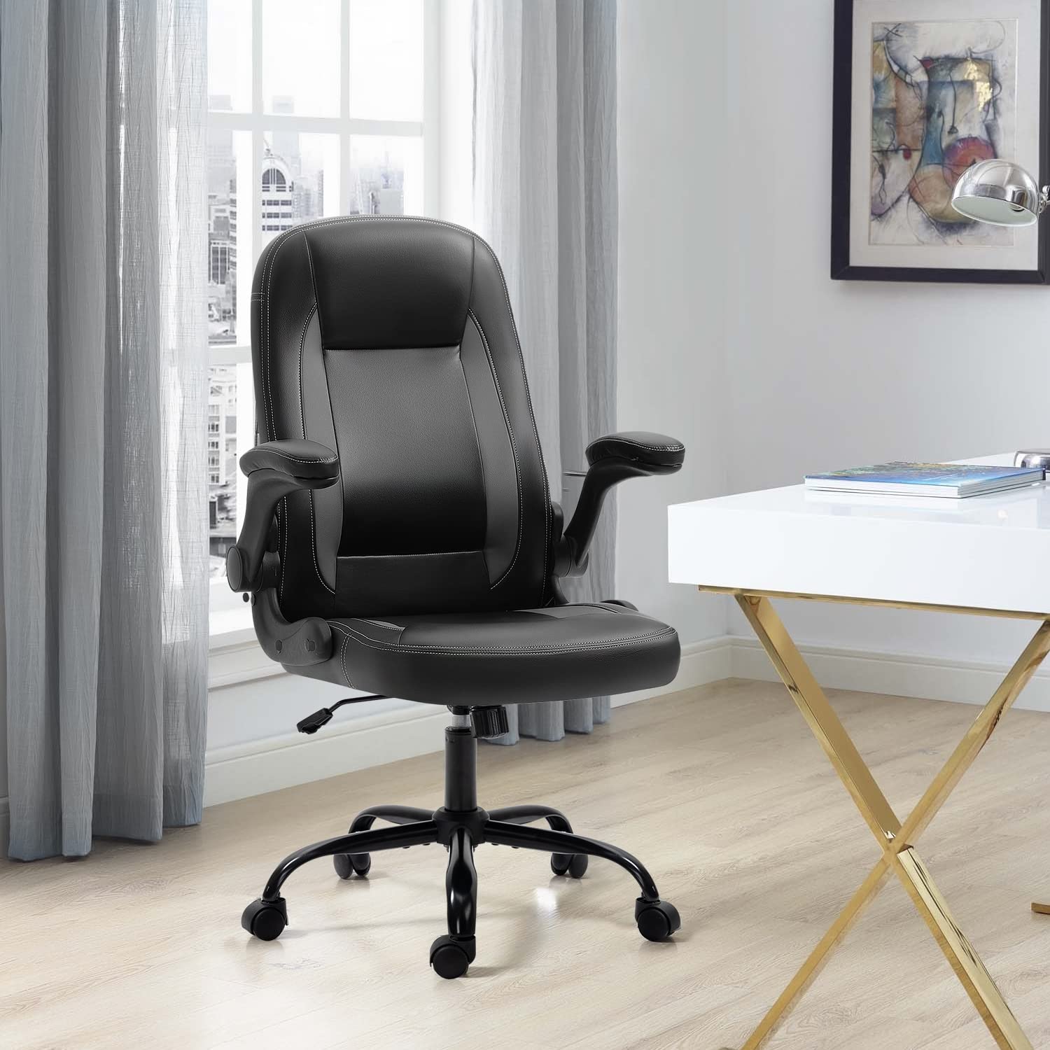 Premium Black Leather Executive Office Chair with Wheels & Adjustable Arms - Ergonomic Computer Desk Chair for Adults, Home & Office Use