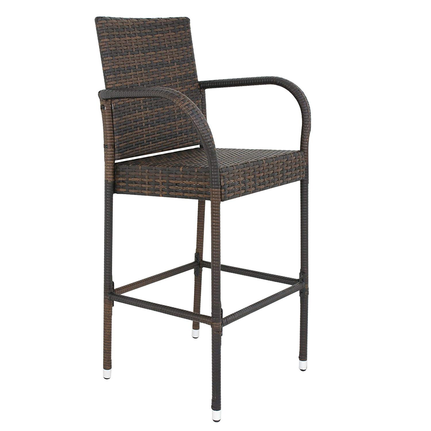 HomGarden Set of 4 Rattan Wicker Bar Stools - Outdoor Backyard Barstool Chairs with Armrests - Patio Furniture for Garden, Poolside & Deck Use