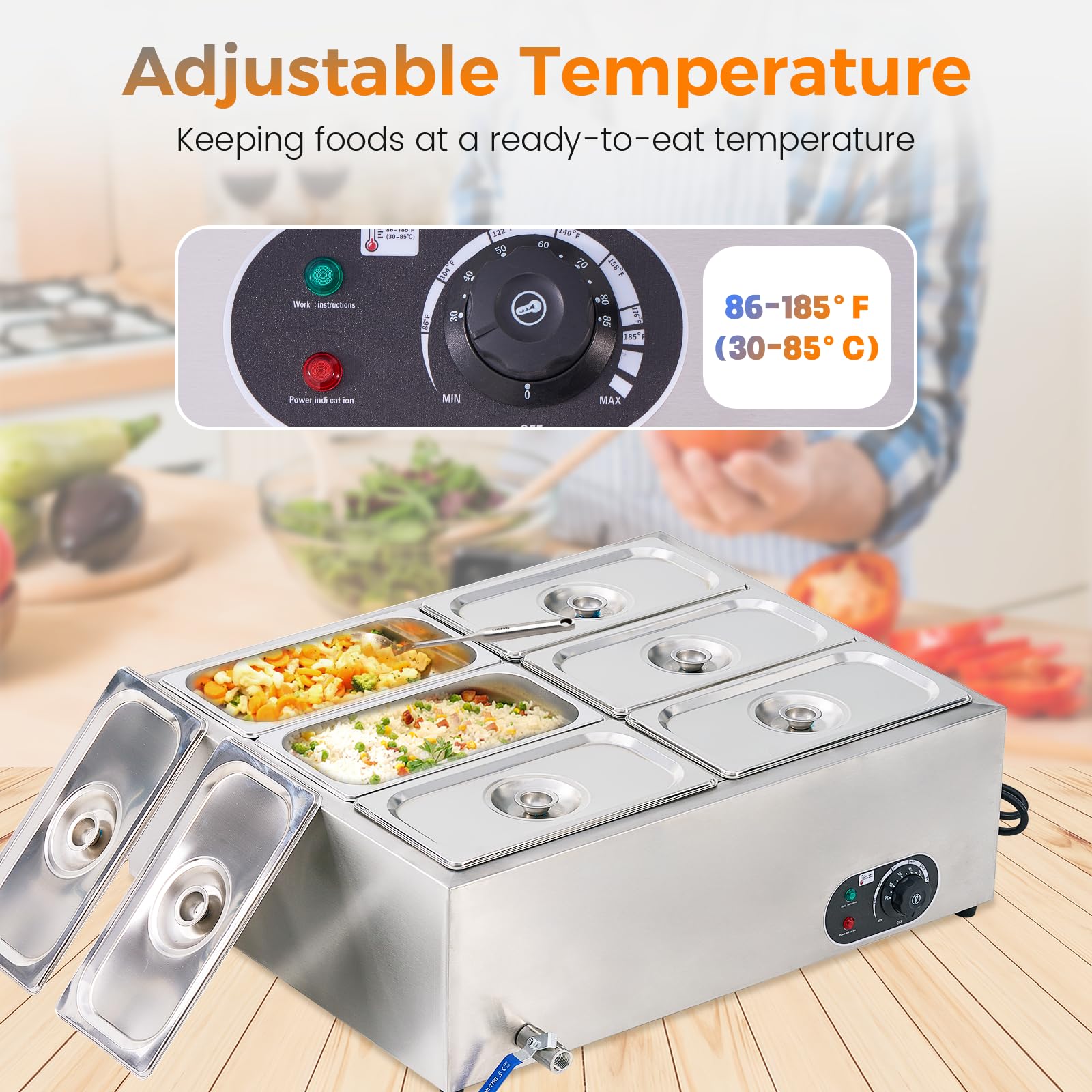 6-Pan Commercial Food Warmer - 1200W Stainless Steel Electric Steam Table | 46Qt Bain Marie for Catering, Restaurants & Buffets | Perfect for Parties, Events & Food Service