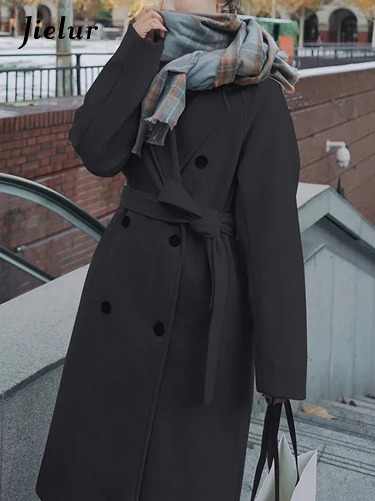 Women's Black Lace-Up Wool Overcoat - Double Breasted Long Winter Coat for Women, Thick Warm Oversized Loose Fit Outerwear | Perfect for Fall, Winter & Formal Occasions