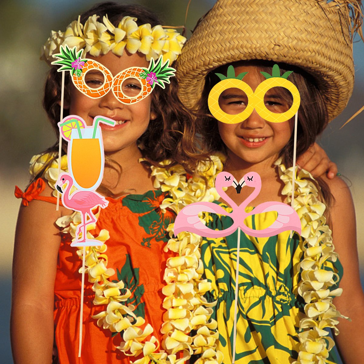LeeSky 36Pcs Luau Photo Booth Props Kit - Colorful Floral Tropical Theme - Cardstock & Wood Sticks - Perfect for Hawaiian Luau, Beach Party, Summer Vacation, Tiki Theme & Tropical Events - Great for Birthday, Wedding, Baby Shower & Holiday Celebrations