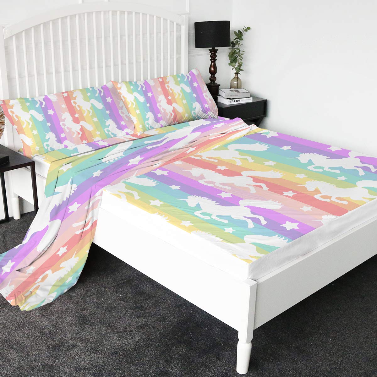 Sleepwish 4-Piece 3D Printed Bed Sheet Set - 1800 Thread Count Microfiber, Non-Fade, Breathable & Soft - Includes 1 Flat Sheet, 1 Fitted Sheet, 2 Pillow Shams (Rainbow Unicorn Gallop, Twin Size) - Perfect for Kids' Bedrooms, Dorm Rooms & Cozy Home Decor