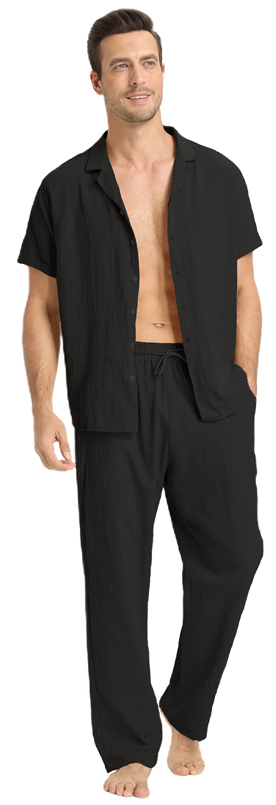 RPOVIG Men's Linen Shirt & Pants Set - 2 Piece Breathable Short Sleeve Shirt with Yoga Pants for Beach, Wedding & Casual Outfits | Summer Comfort Wear for Vacation & Relaxation