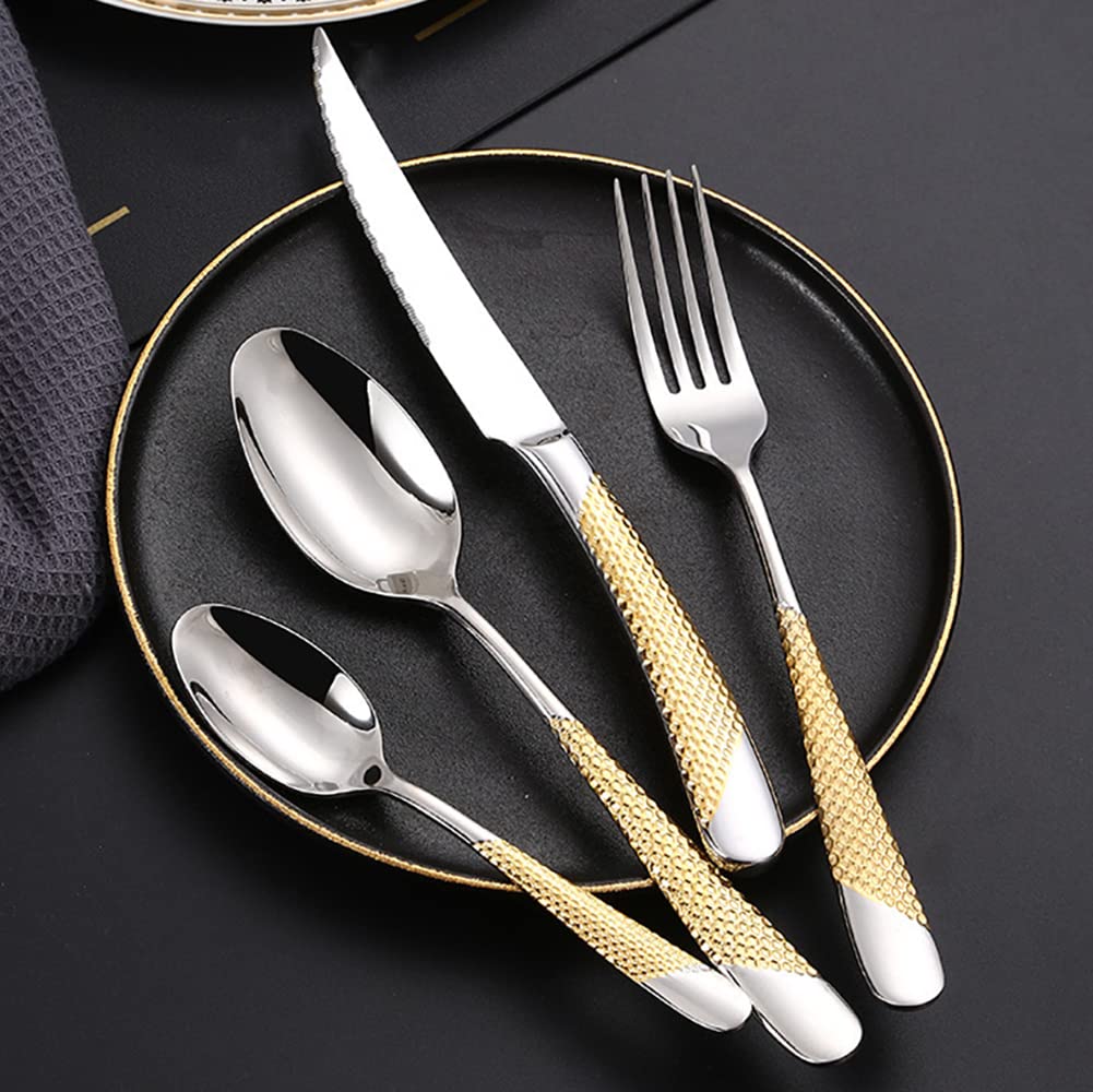 Premium 24-Piece Gold Hammered Silverware Set for 6 - 18/10 Stainless Steel Flatware with Knives, Forks & Spoons - Elegant Tableware for Home, Kitchen, Wedding, Restaurant & Party Dining