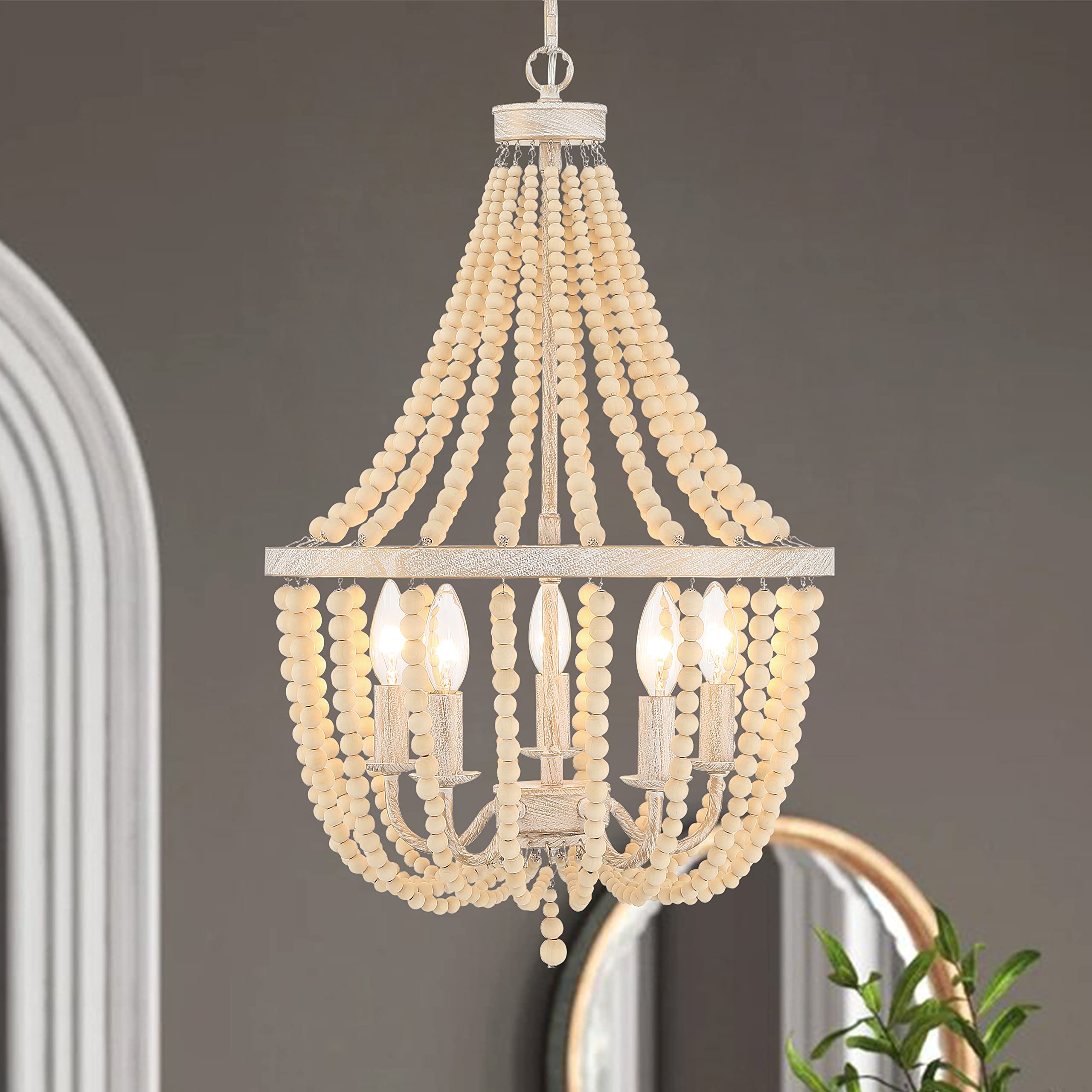 Vanity Art 5-Light Candle Style Empire Chandelier with Beaded Accents - Modern Hanging Ceiling Light Fixture for Dining Room, Living Room, Bedroom, Kitchen in White & Gold (SYB3215WO-LT) | Perfect for Farmhouse, Vintage, and Glam Home Decor