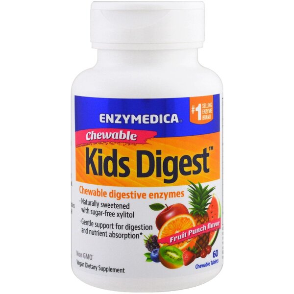 Enzymedica Kids Digest Chewable Tablets - Fruit Punch Flavor (60 Count) | Digestive Support for Kids | Perfect for Travel, School & Daily Use