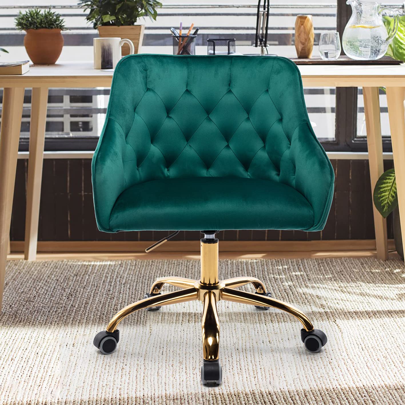 Premium Velvet Home Office Chair - Adjustable Swivel Desk Chair with Lumbar Support, Modern Executive Task Chair for Workstation, Study & Vanity (Green) - Ideal for Remote Work, Gaming & Study Sessions