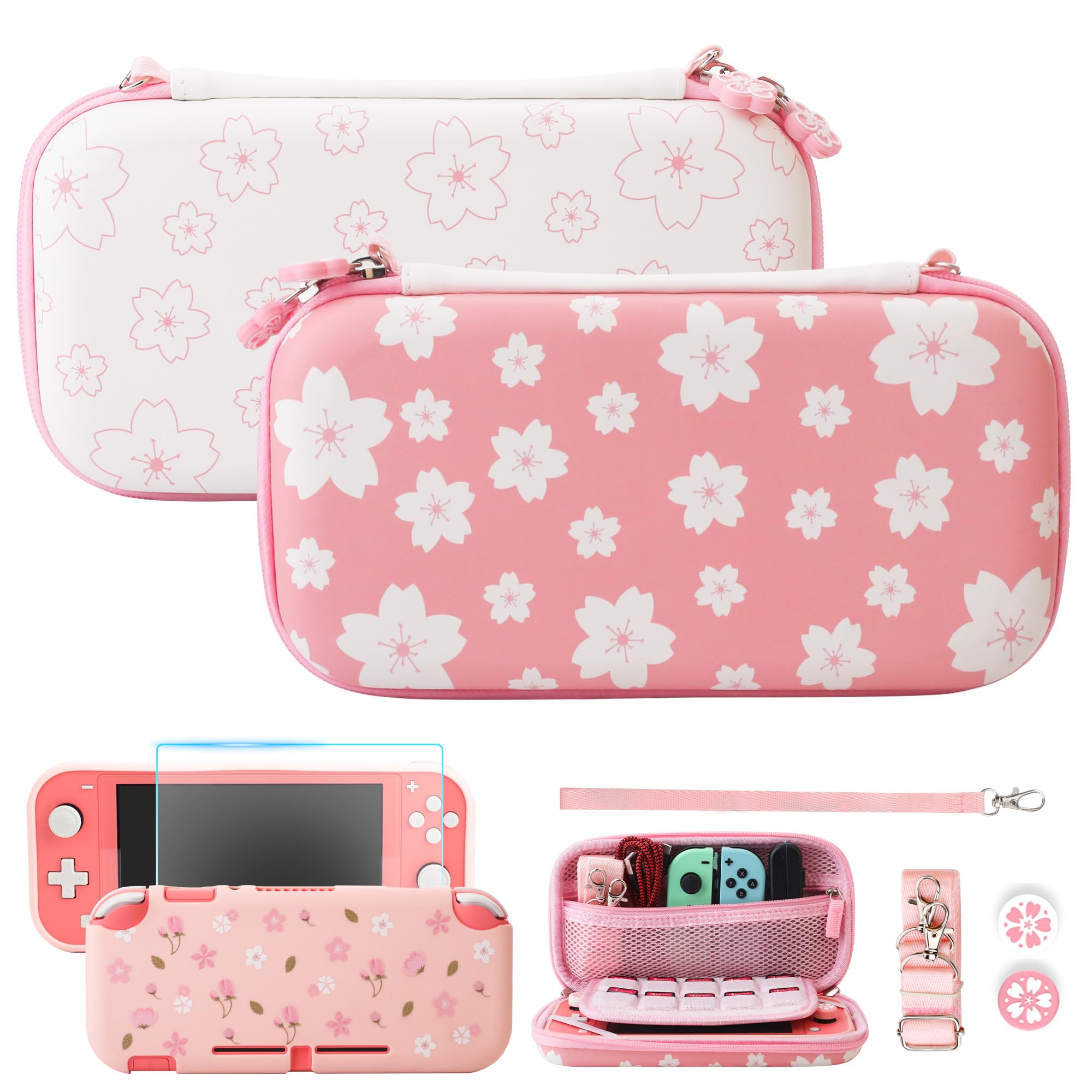 **FUNDIARY Pink & White Nintendo Switch Lite Travel Case with Sakura Design - Slim Storage Bag, Silicone Cover, Screen Protector, Handle Strap & 2 Thumb Caps - Perfect for Gaming On-The-Go & Travel Accessories**