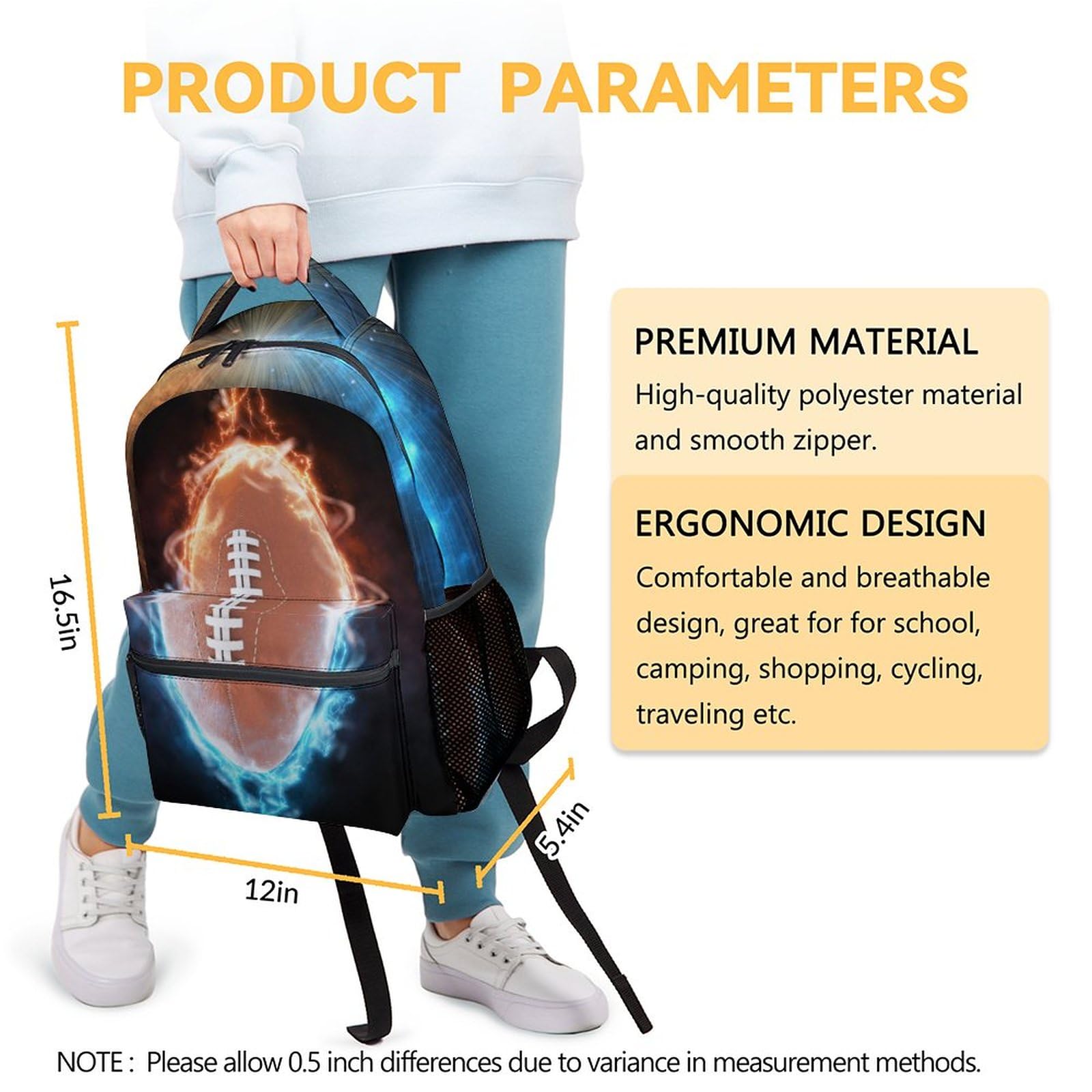 16 Inch Football School Backpack for Boys - Lightweight Brown Bookbag for Kids | Durable Travel Backpack for School, Sports & Outdoor Adventures