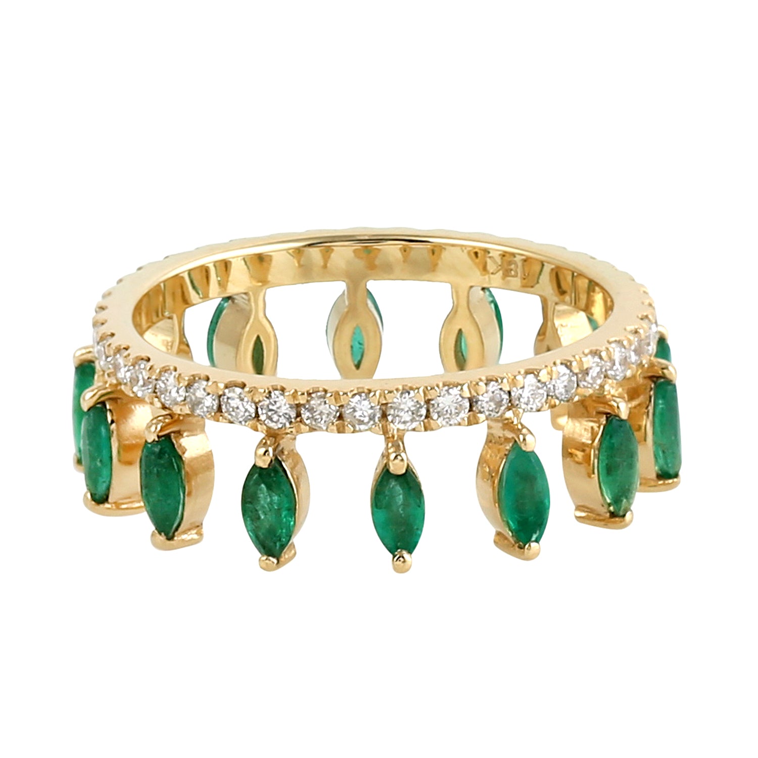 Exquisite Marquise Cut Emerald & Pave Diamond Tiara Band Ring in 18K Yellow Gold - Perfect for Weddings, Prom & Special Occasions