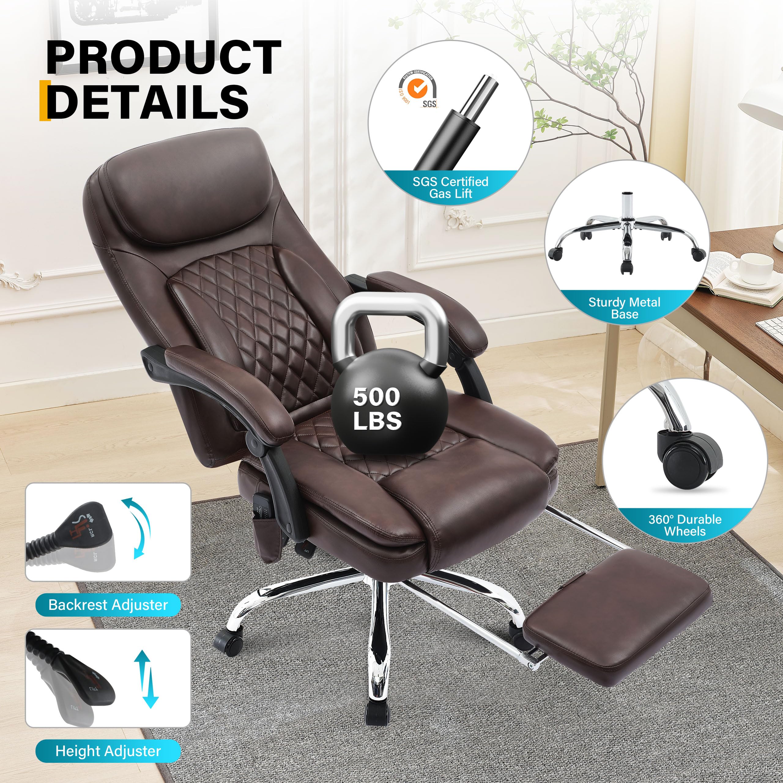 6-Point Massage Office Chair with Heating - Ergonomic Executive Chair with Footrest, 45° Recline & High Back Support - 500LBS Weight Capacity Thick Cushion Desk Chair for Home Office (Brown) - Perfect for Long Work Hours, Gaming & Relaxation